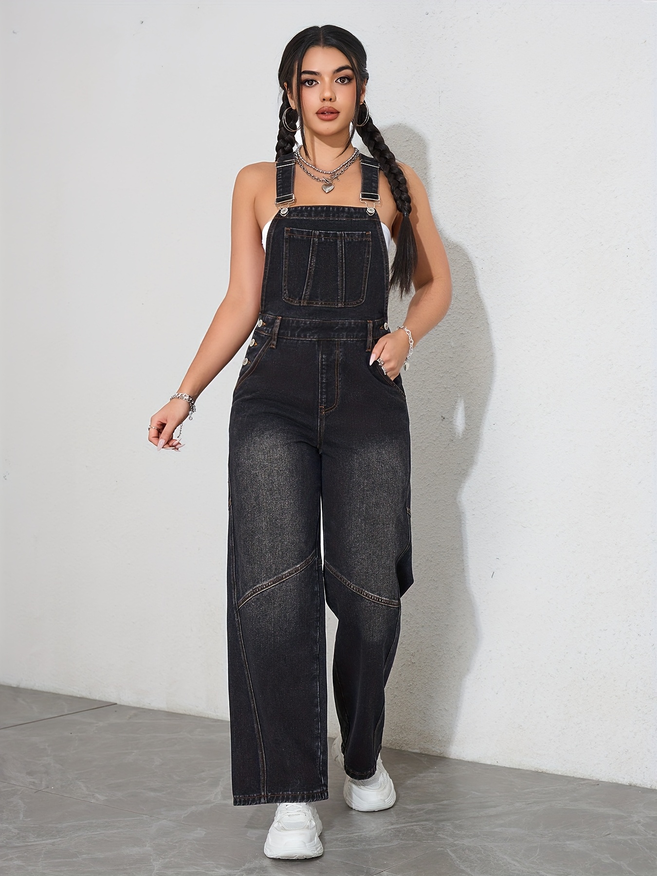 womens black denim overalls loose wide leg jeans womens - Temu