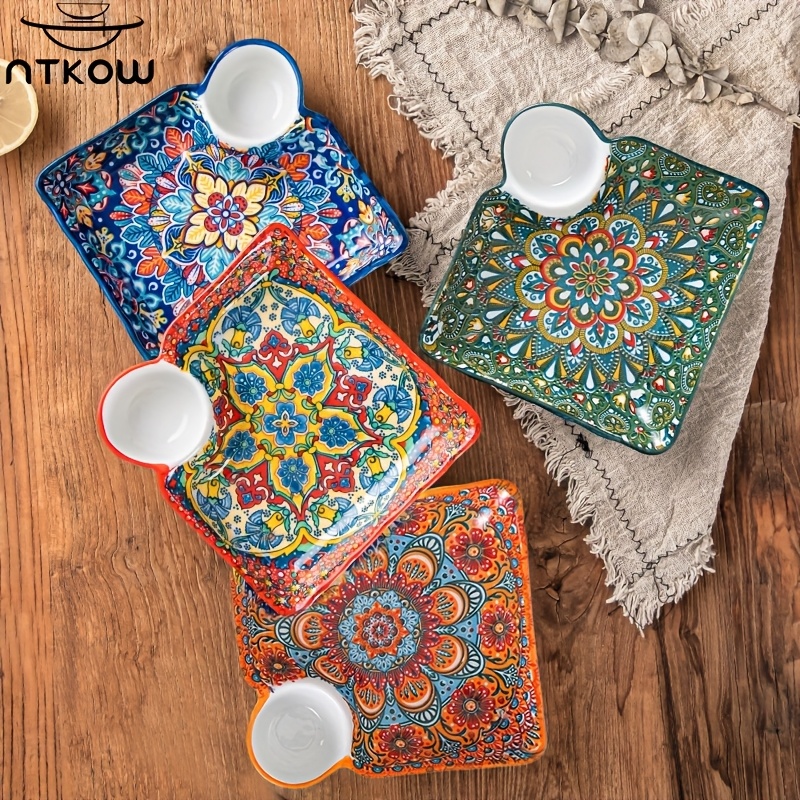 TEMU Ntkow Bohemian Ceramic Set (7.5 Inches) Creative High-gloss Gridding, Dumplings, Sushi, Breakfast, Fruit Plate, Can Put Food And Dip At Time,: Dishwasher, Microwave Oven, Oven, Refrigerator.