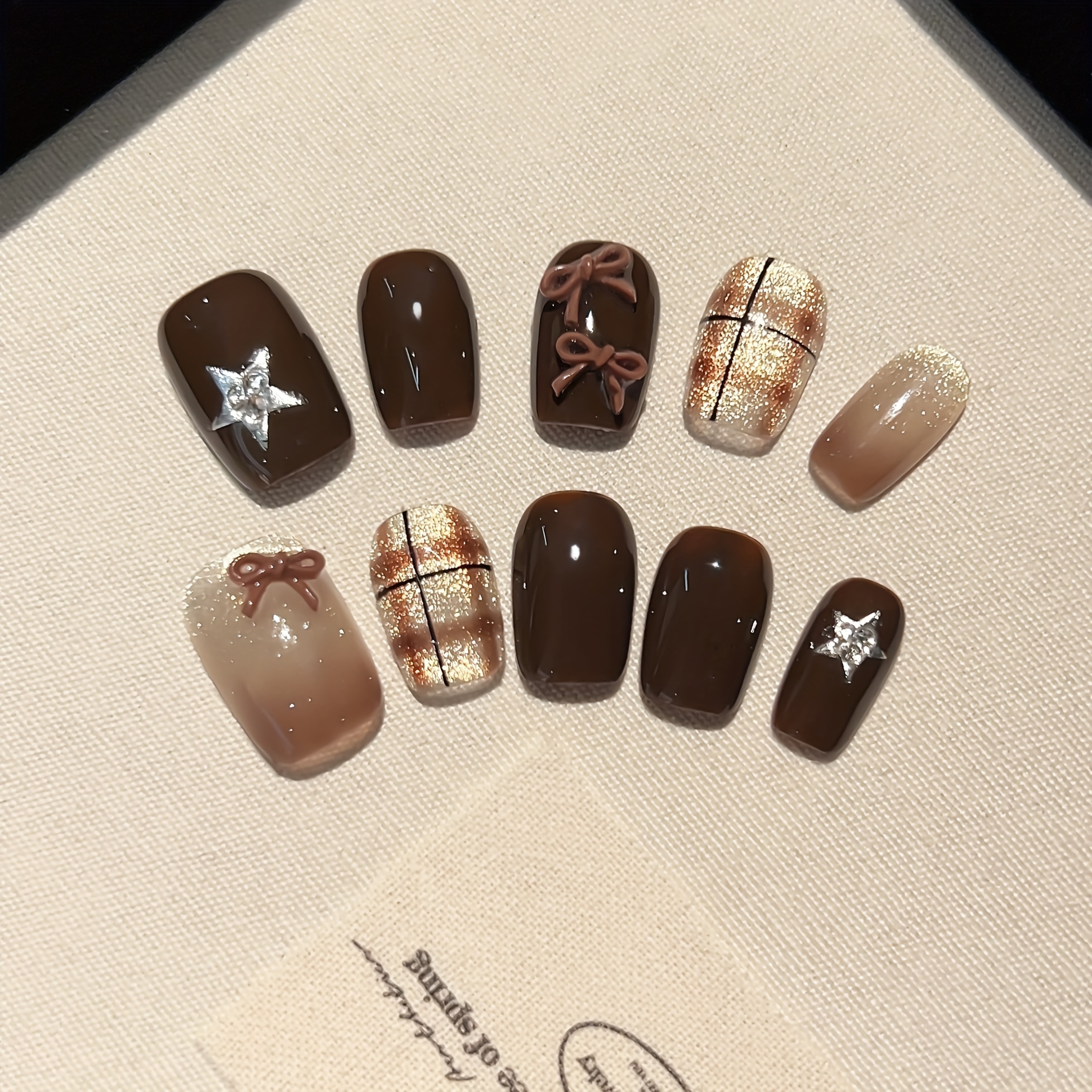 TEMU 10 pièces Ongles Portables et Originaux à , Style Simple et , Motif Nœud , Étoile à Branches, Coussinets d'Ongles Press-On Détachables, Adaptés