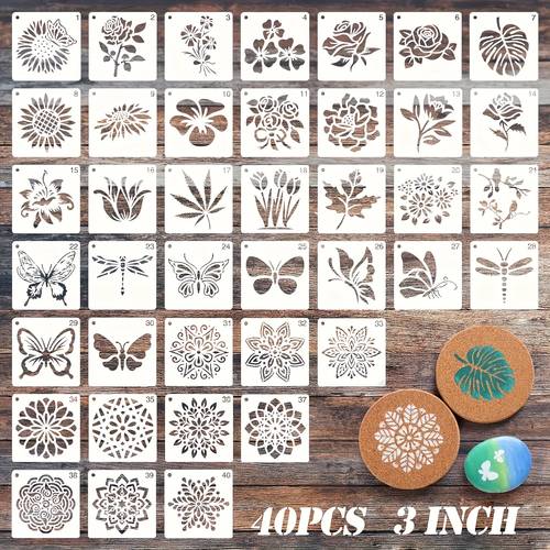 40pcs reusable 3 inch plastic mandala stencils sunflower templates for rock painting wood canvas diy craft stencils for wall decor home decor art projects stencils for painting fabric painting versatile crafting intricate designs multisurface use floral patterns hobby painters
