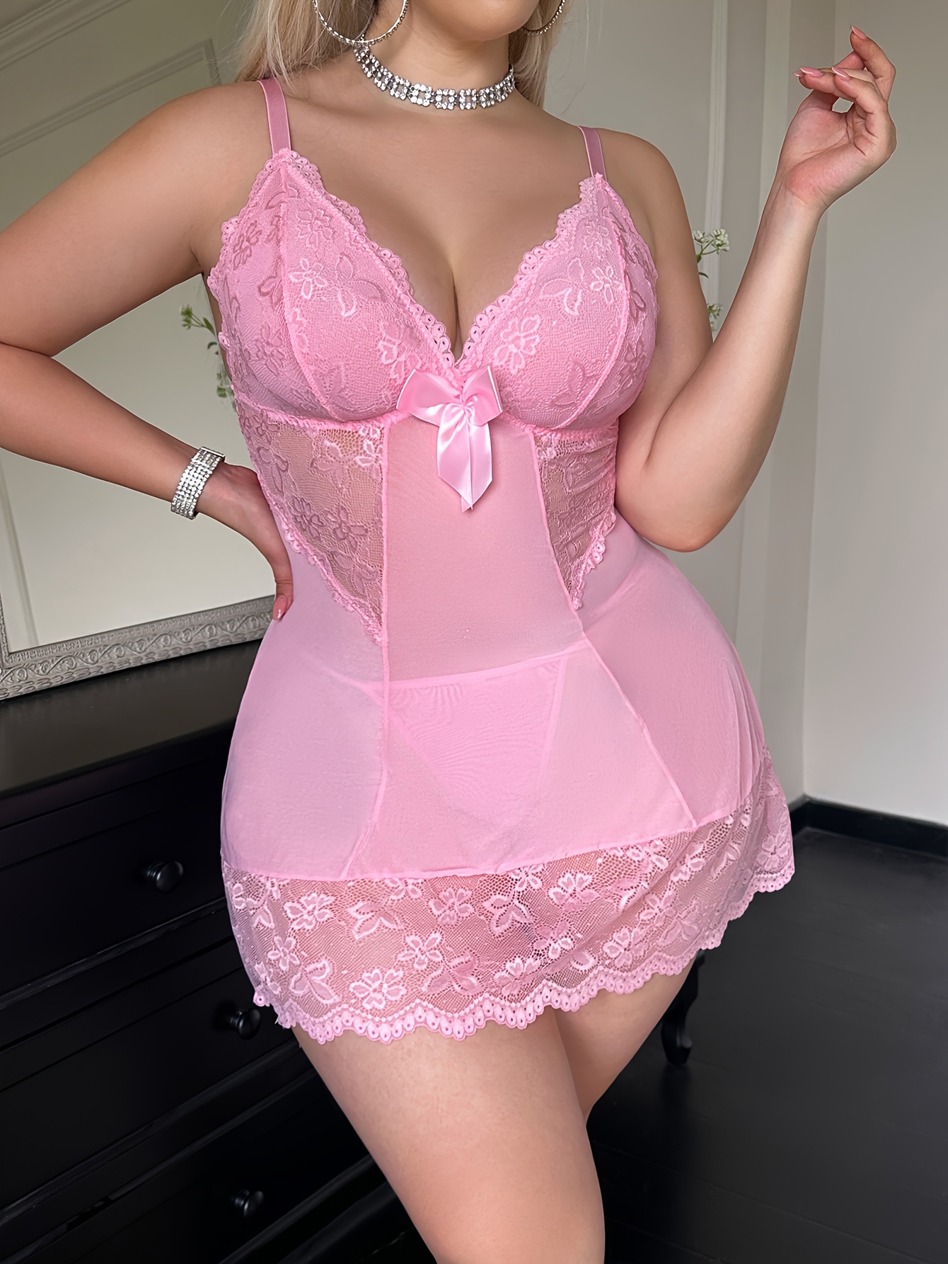 Plus Size Sexy Deep V Lace Mesh Nightdress 1 + Underwear 1