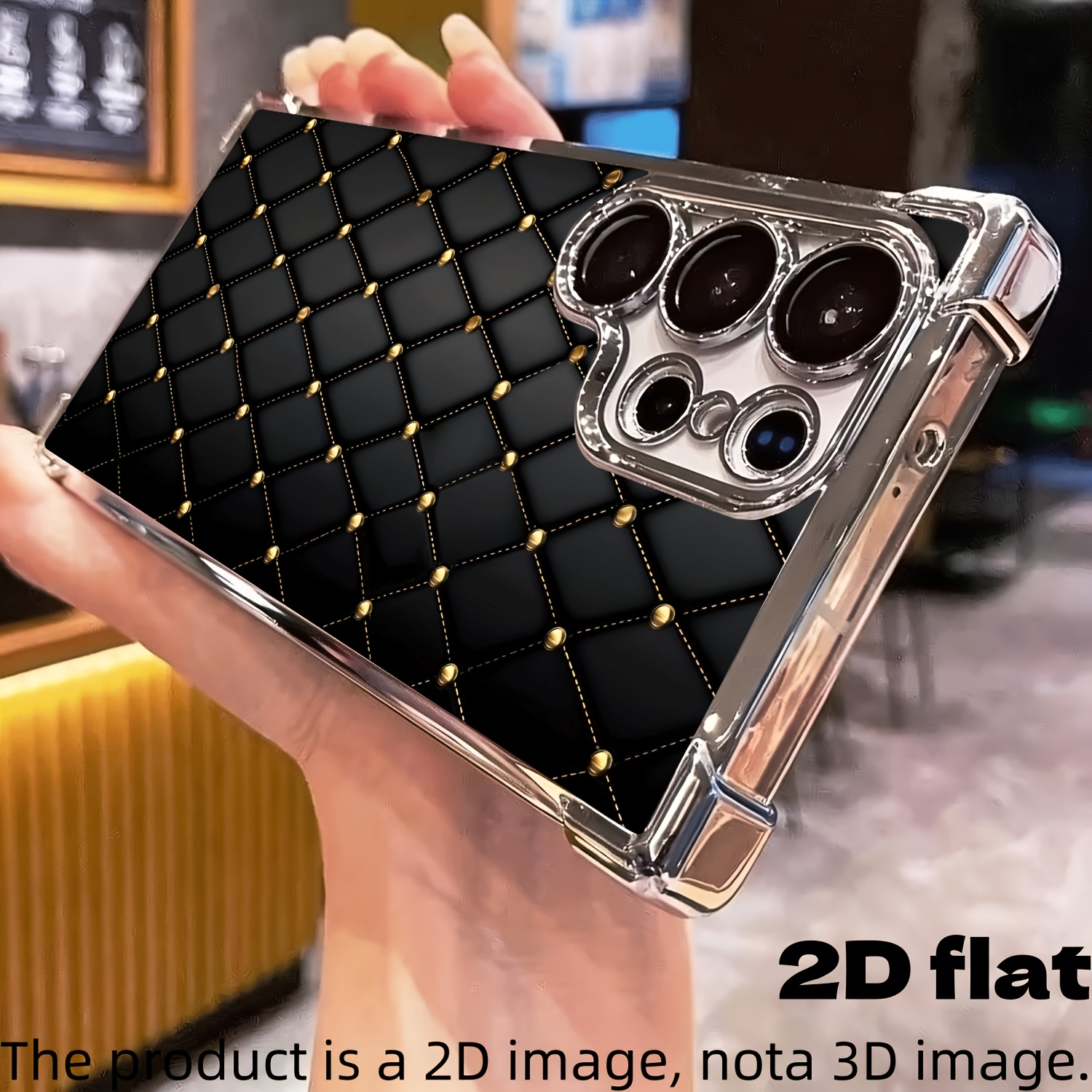 TEMU Phone Case - 2d Flat Retro Quilting Black Golden Diamond Pattern New Electroplated Transparent Tpu Anti-fall Phone Case For Galaxy