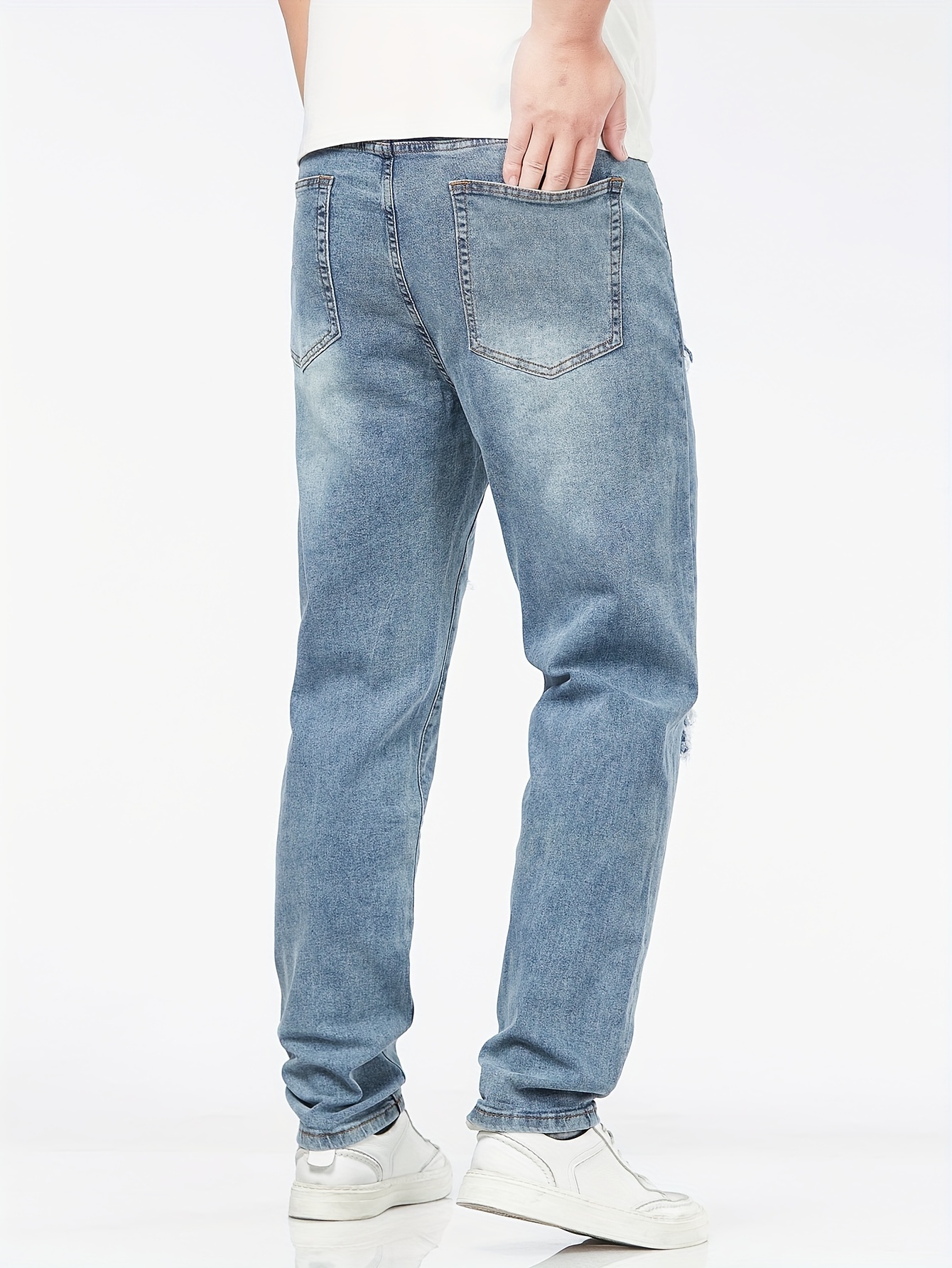 1pc Men'S Plus Size Denim Jeans, Casual Skinny Fit with Pockets, All-Season Solid Color, Medium Stretch Woven Fabric, Ripped Design