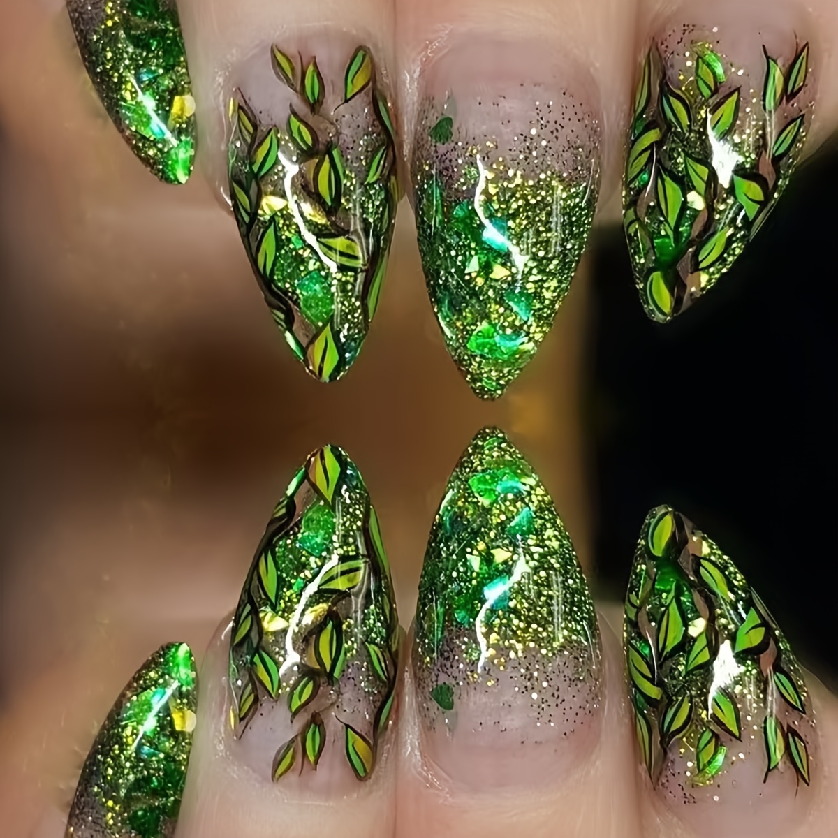 TEMU 24pcs Long Almond-shaped Green Leaf Glitter Fake Nails - Glossy Shimmering Press-on Nails For Parties & Casual Attire, Nail Accessories