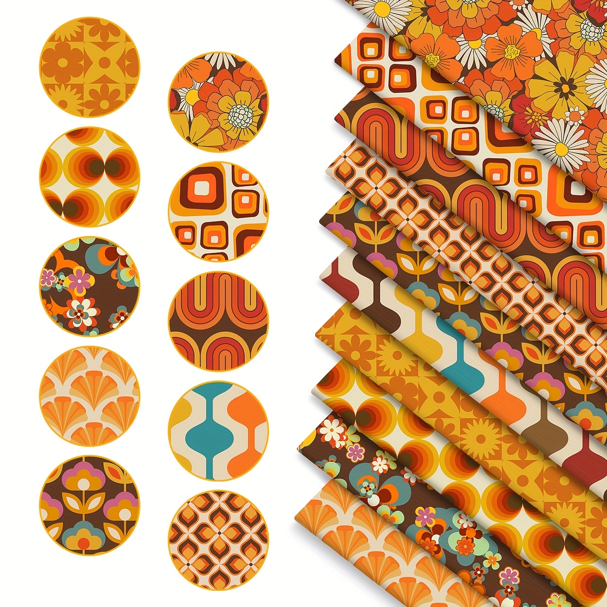 TEMU 10pcs Vintage -blocking Hippie Style, Cartoon Flowers, 10pcs Total Designs Fat Eighth Fabric Bundles, Polyester Quilting, Suitable For Quilting,