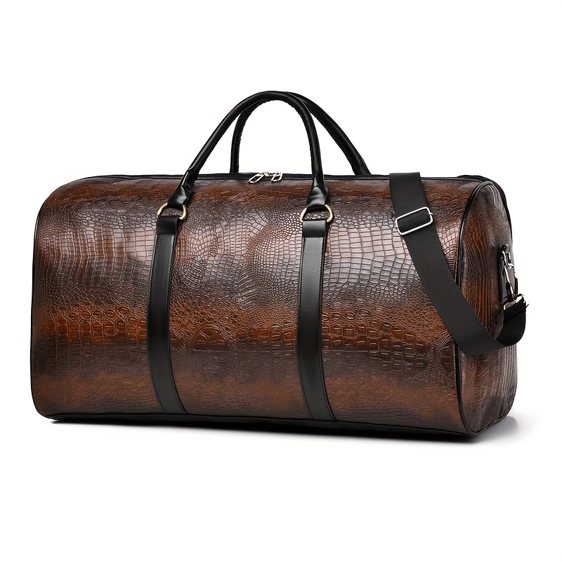 TEMU Large Capacity Retro Crocodile-textured Travel Duffel Bag - Durable Unisex Vacation Luggage, Deep Brown/black, Versatile Gift For