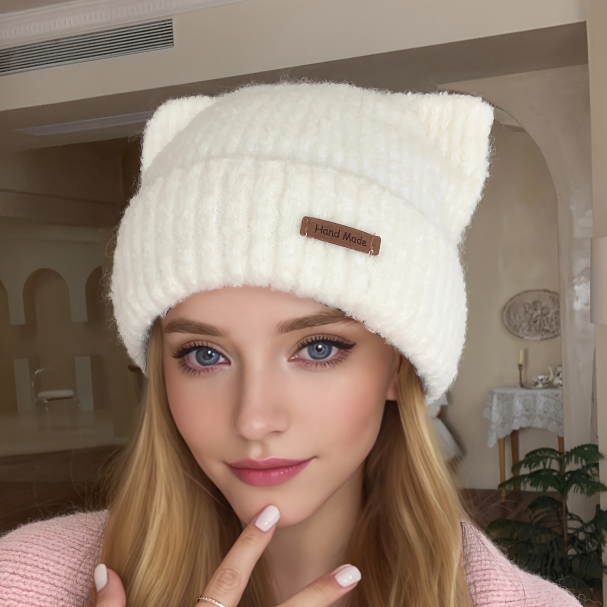 TEMU 1pc Chapeau Femme, Patch en Cuir Oreilles de Dessin Animé Animal Peluche Lapin Chapeau Grande Circonférence de Voyage Air Épais Chaud Anti-Froid