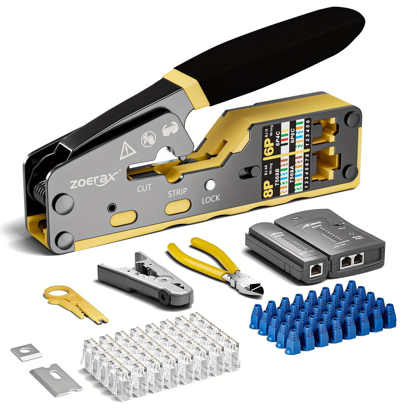 Solsop RJ45 Crimp Tool Kit Pass-Through Cat5 Cat5e Cat6 Crimping Tool For RJ45/RJ12 Regular And End-Pass-Through Connectors With Network Cable Tester, 50PCS Pass Through Cat6 Modular Plug, 50PCS Boots