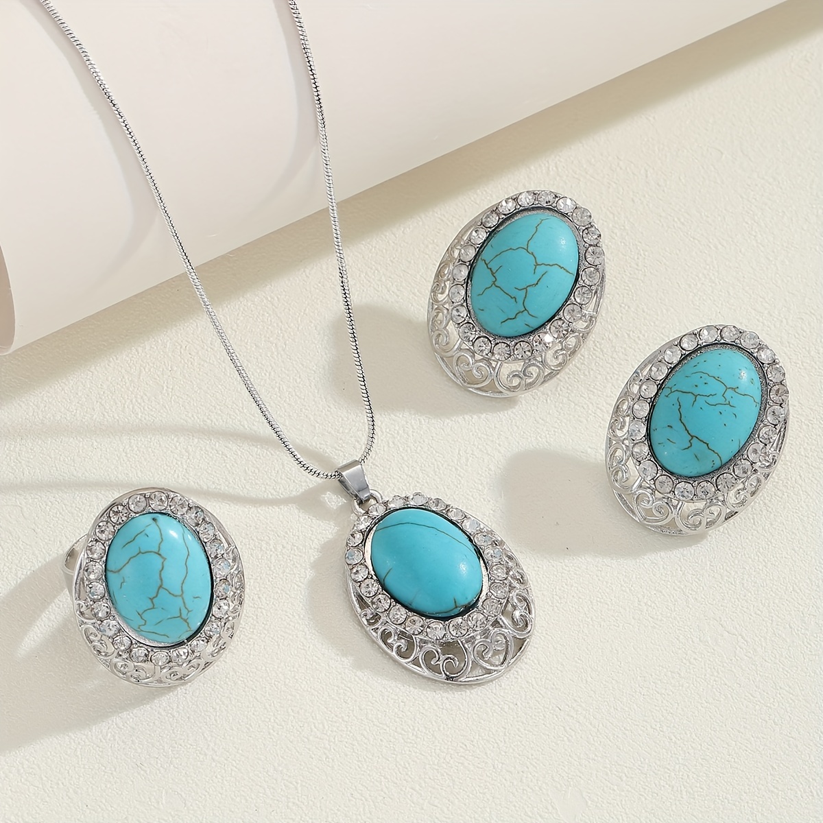 TEMU Bohemian Style Turquoise Women's Jewelry Set With Ring, Earrings, And Necklace - Three-piece Set For Females