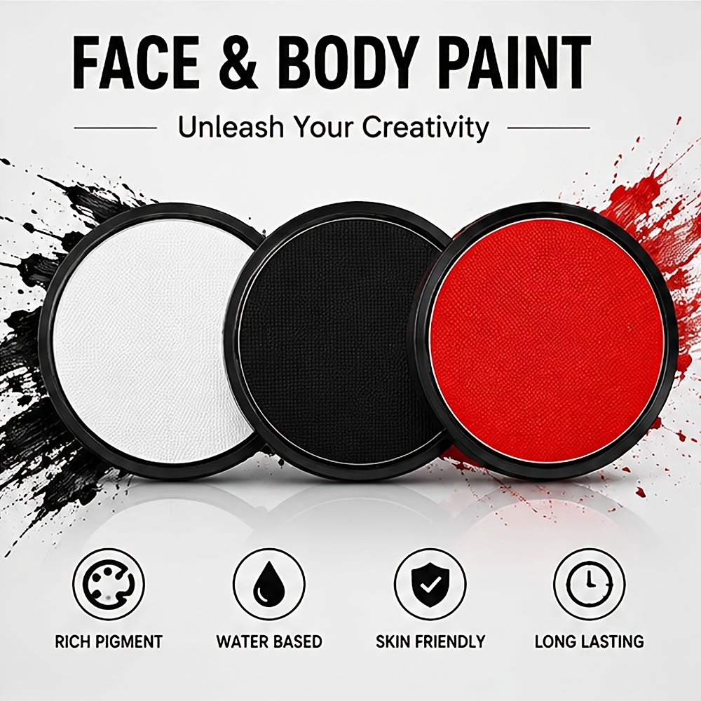 Image of 3pcs Paint Set, Black White -based Face Paint, Pigmented Washable Body Paint, Easy To Apply & Remove, Halloween, Cosplay, Costume Party, Festival, Stage Makeup, Body Painting & Makeup Supplies