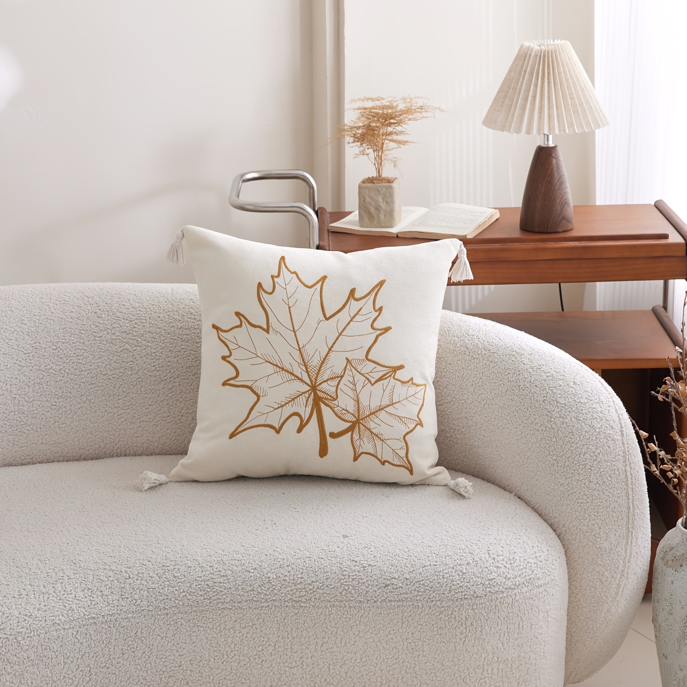 TEMU Cream Style Autumn Thanksgiving Christmas Tassel Cushion With 3d Embroidered , Pillowcase (1pc), Home Decor For Living Room, Bedroom, Parties,