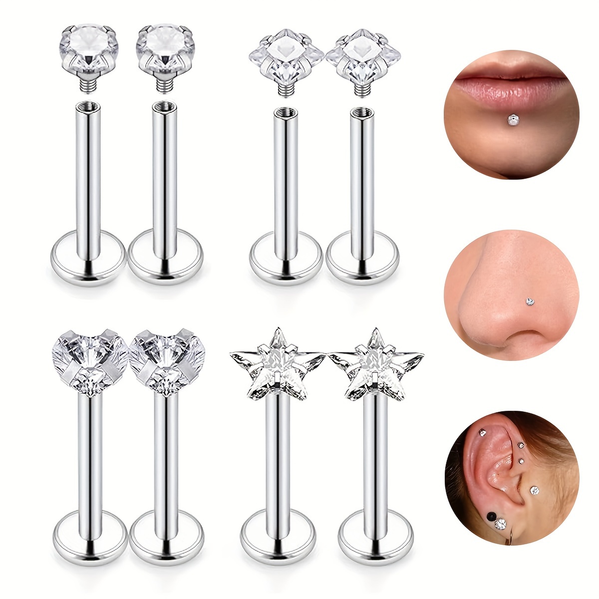 

8pcs Stainless Steel Labret With Clear Cz - Geometric Basics Piercing Set For , , Conch, Lip, Nose - Non-plated Synthetic Zirconia Jewelry For Men And Women