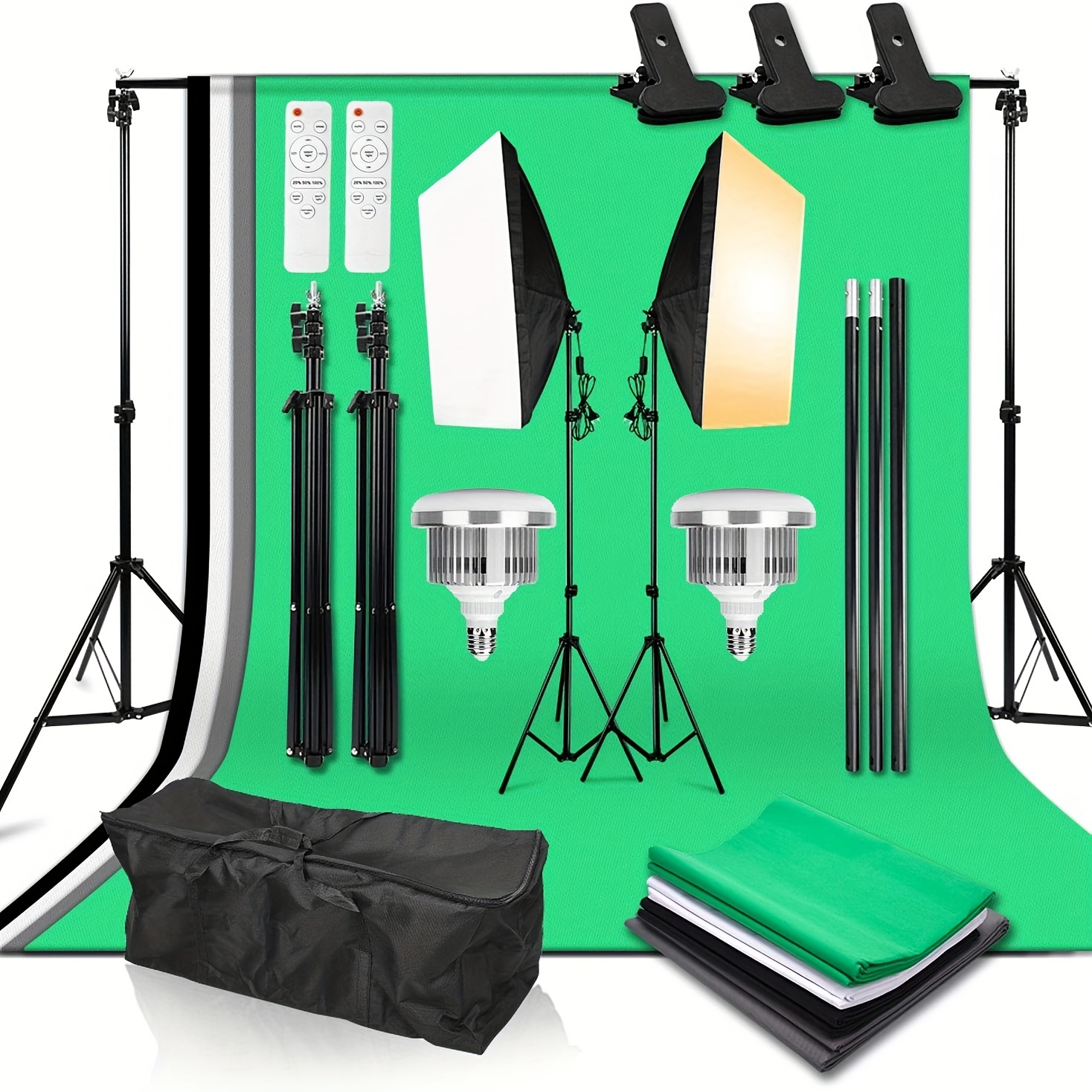 Studio Lighting Kit Dimmable 2X 85W Softbox Continuous Lighting  Background Support System Black White Green Screen Backdrop For P