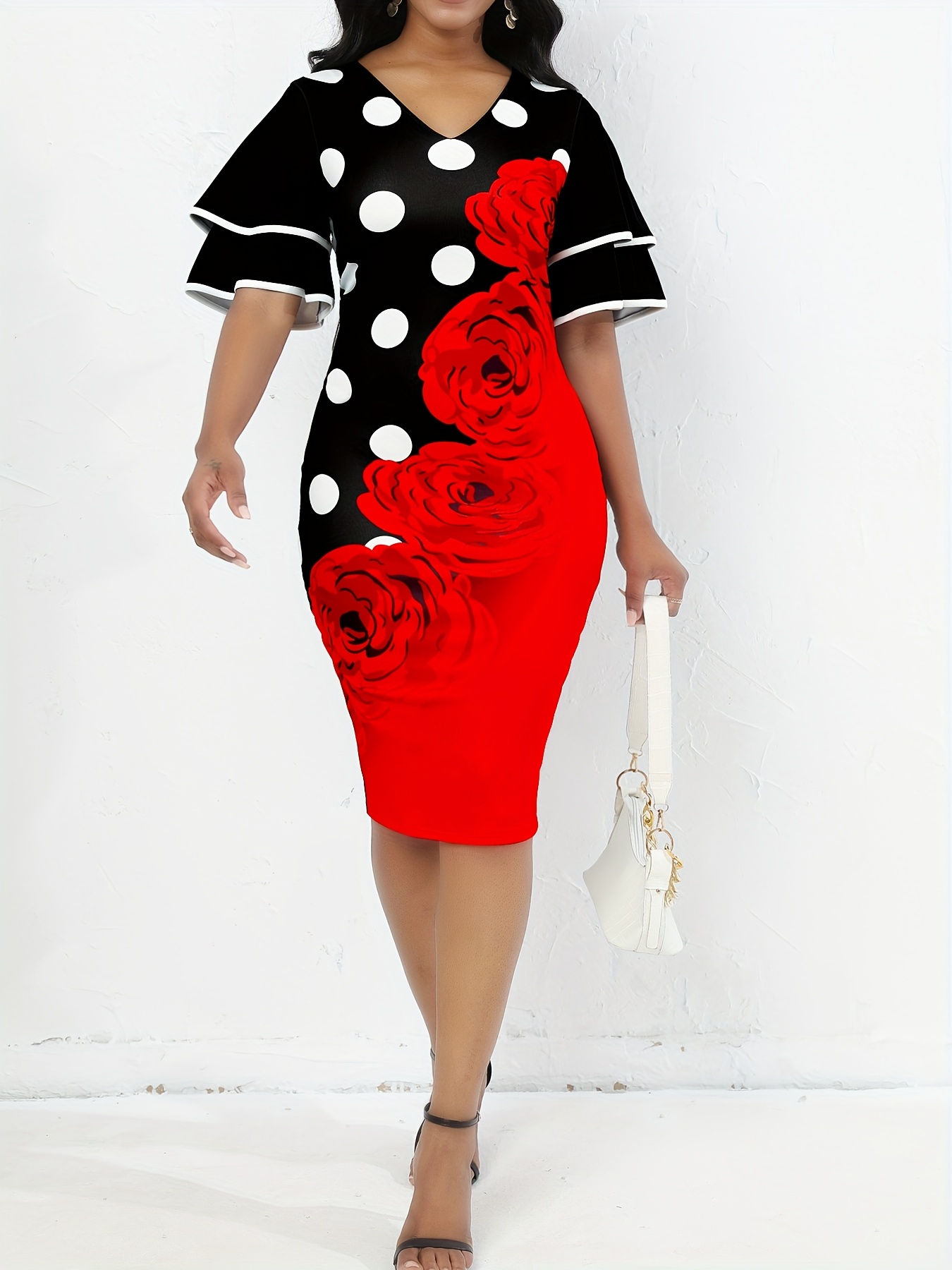 open lace back dress Pomegranate Tulip Sleeve Dress in Black by Modern Millie! X-Large
