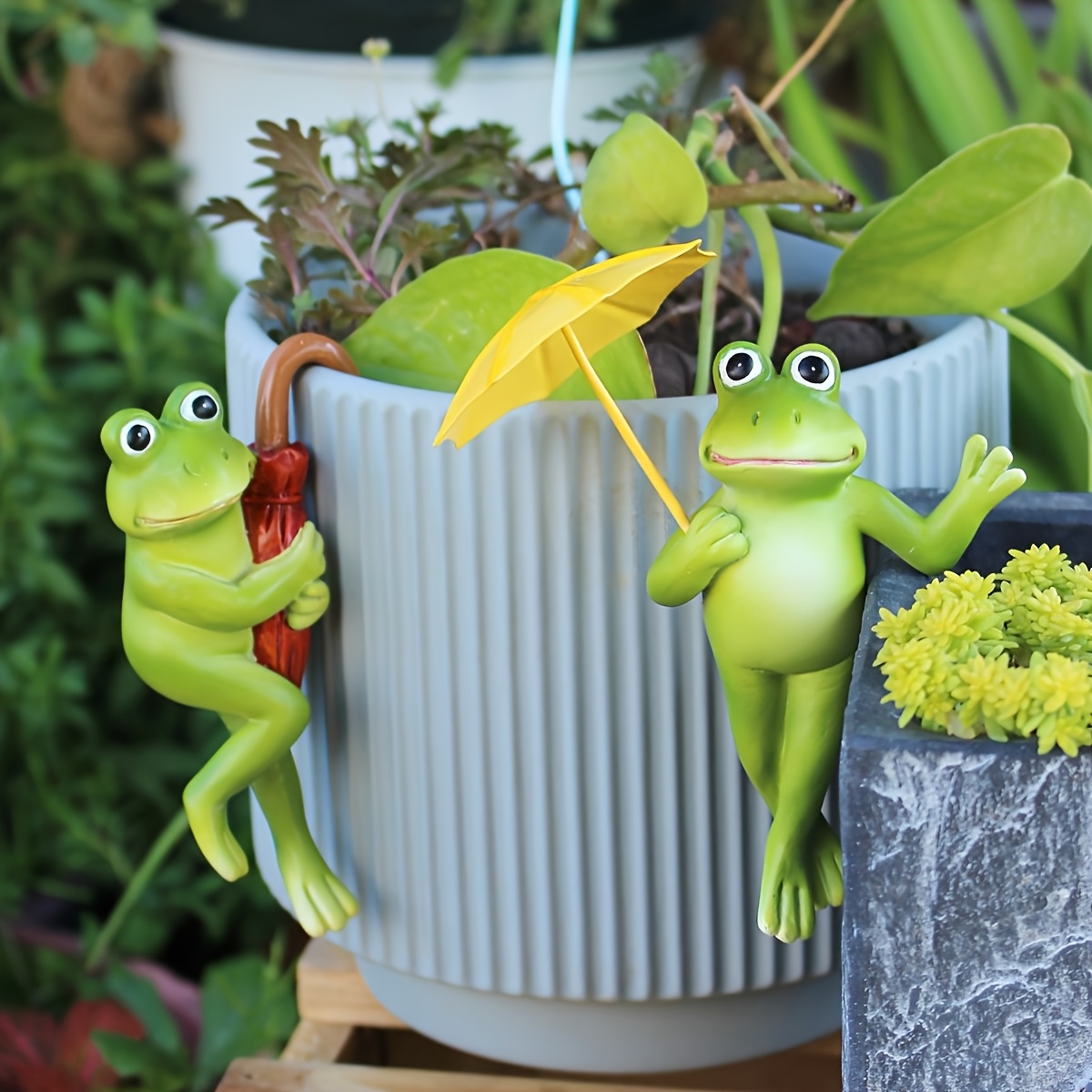 Image of 2pcs Webetter Handmade Resin Frog Garden Decor Statues With Umbrella - Floral Theme Indoor/outdoor Decor, No Electricity Needed, Valentine’s Day, ’s, Earth Day & New Year Gifts