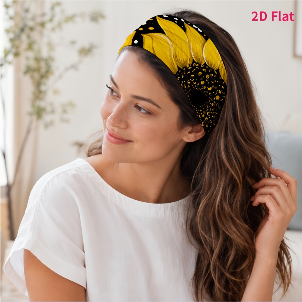 TEMU 2d Flat 1pc New Style Hair Band, Vibrant Sunflower And White Flower Polka Dot Pattern, Suitable For Yoga/fitness/daily Commute/skincare, Photo