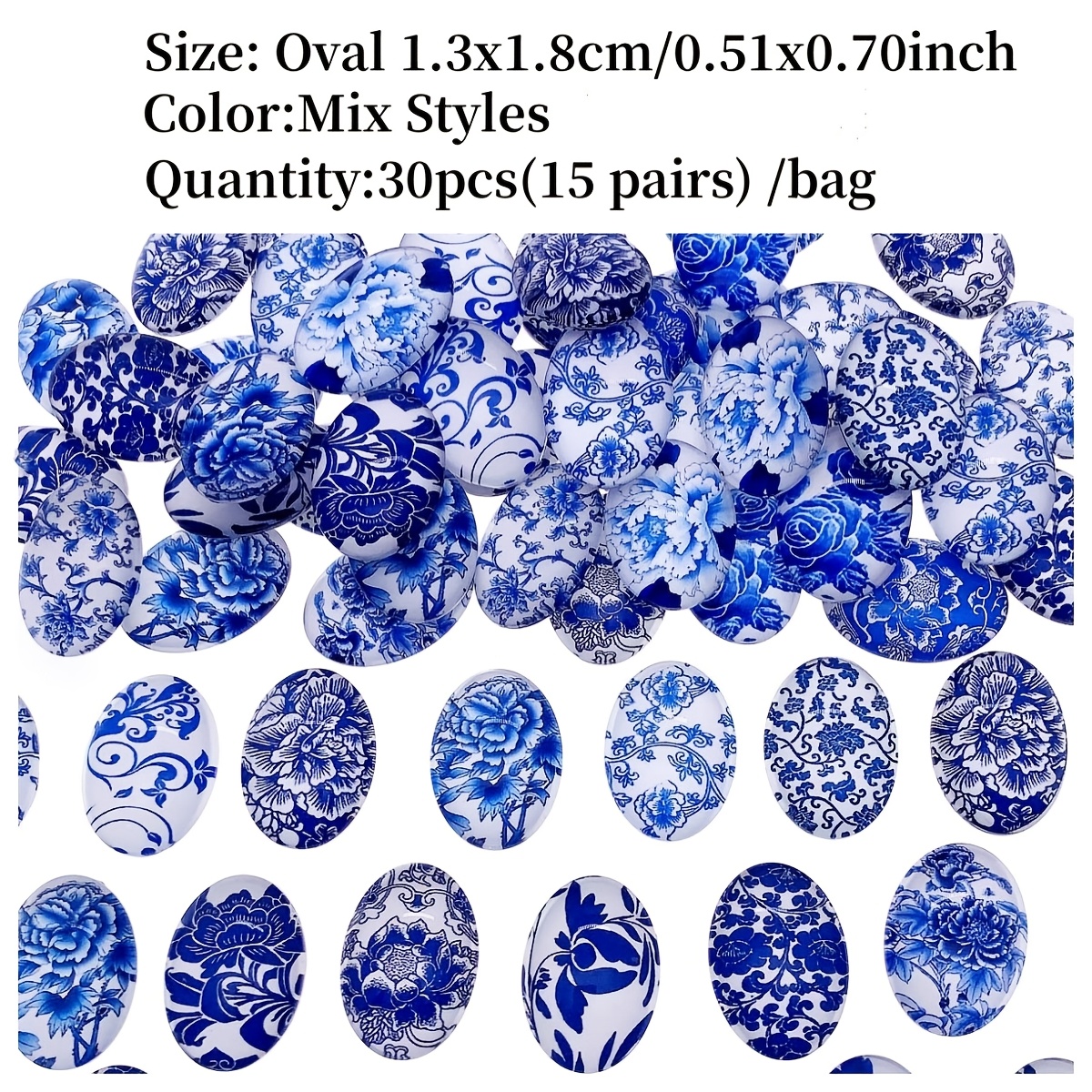 E-shop 30/20 Stück Onebeading Blau-Weiß Porzellan Glas Cabochons - Flachrücke Oval & Halboval Kuppelformen mit floralem Vogelmotiv, traditionelle