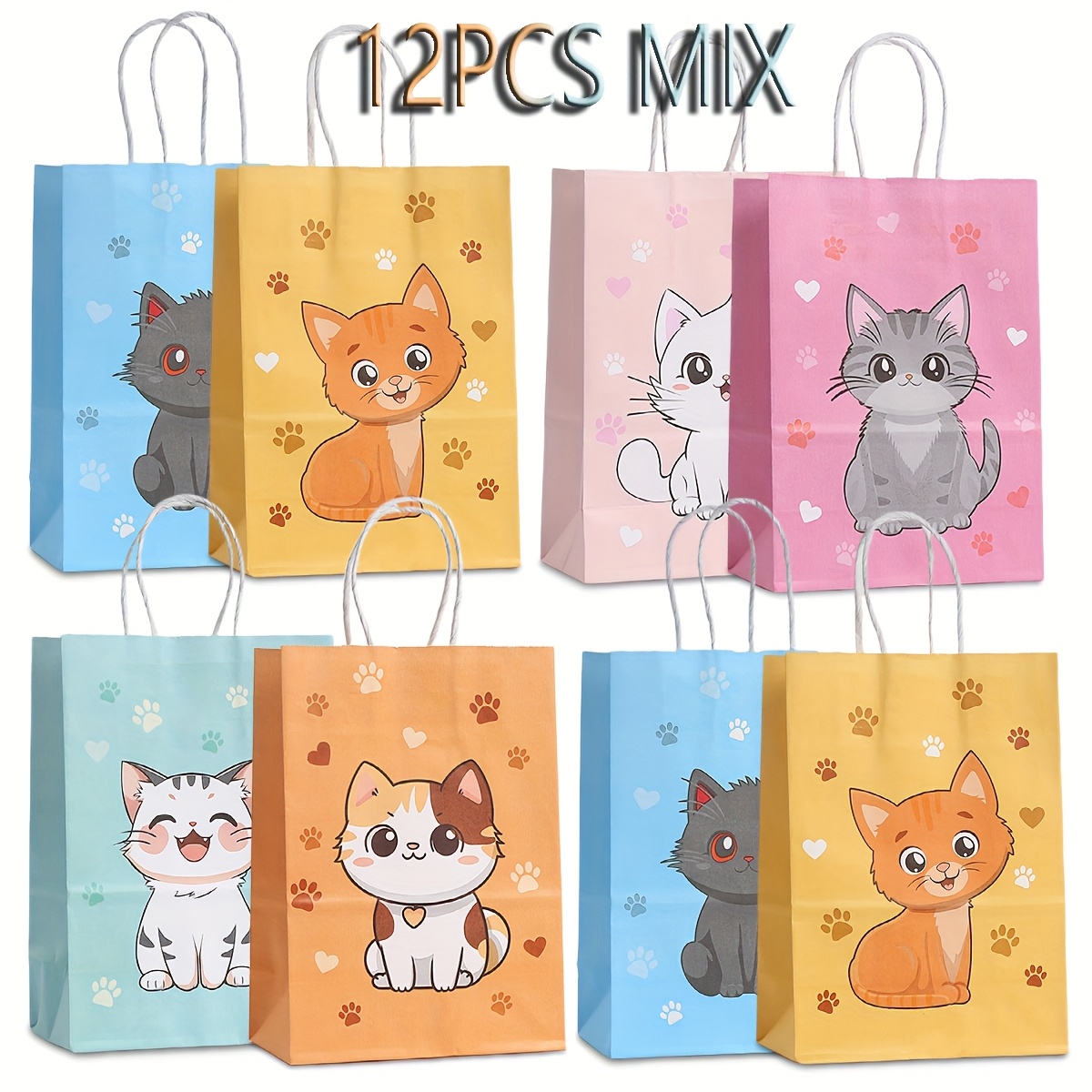 E-shop 12 Stück Kraftpapier Tragetaschen mit Katzenmotiv, für Geburtstagsgeschenktüten und Party-Geschenktüten. Geschenktüten mit Katzenmotiv für