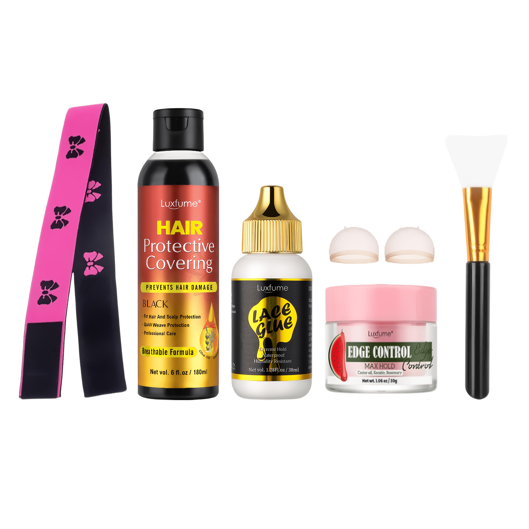 Lazy ! -one Wig Kit (6 Full Pieces)! From Base Protector & Glue To Watermelon Temple Paste, Hairband & A Brush! We Of Everything! Value!