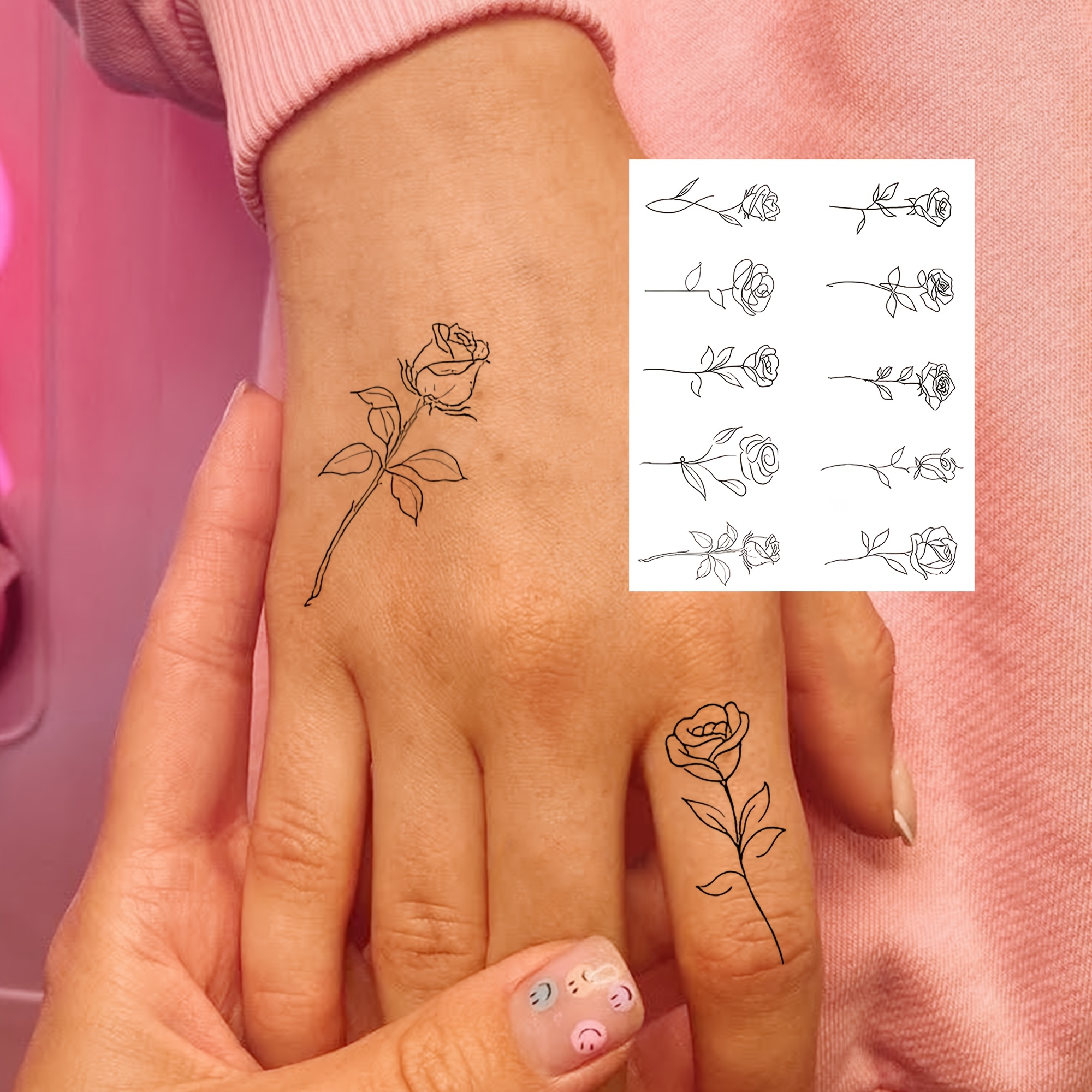 Image of A Temporary Tattoo Of A Rose For Adults, Suitable For Hands, Fingers, Ankles, Waist, Legs, Thighs, Forearms, And Calves. This Waterproof And Long-lasting Fake Tattoo Sticker Looks Realistic