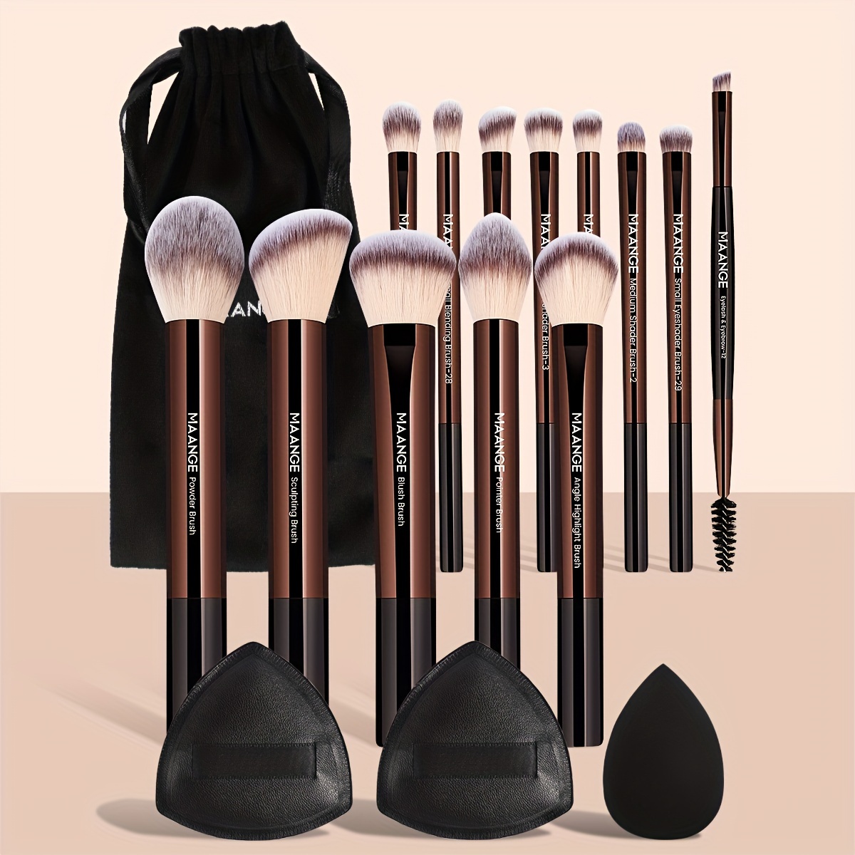 

Maange 17pcs Set Including 13 Aluminum Brushes + Bag + 2 + 1 Large Water Drop Egg Powder Blush - Portable Set Christmas Set Brushes