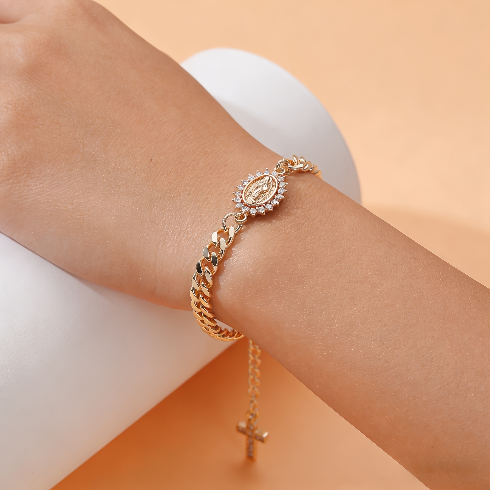 14K Gold-Plated Cross Bracelet with Cubic Zirconia