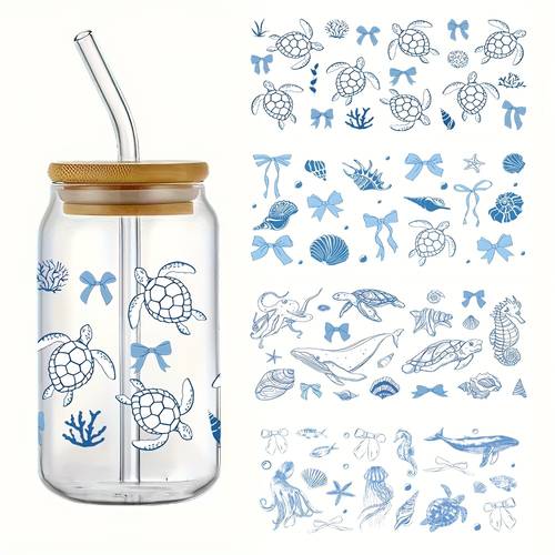 4pcs set underwater animal theme uv dtf cup wrap waterproof self for mugs and water bottles dtf transfer for 16 ounce glass jars 3d crystal labels waterproof and scratch resistant diy packaging transfer diy crafts