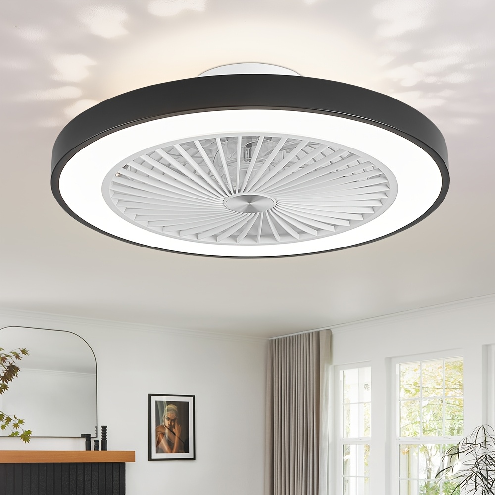 TEMU 20" Modern Dimmable Led Ceiling Fan With Light Low Profile Flush Mount Ceiling Fan Light, Hidden Reversible , Bladeless Ceiling Fans With Lights