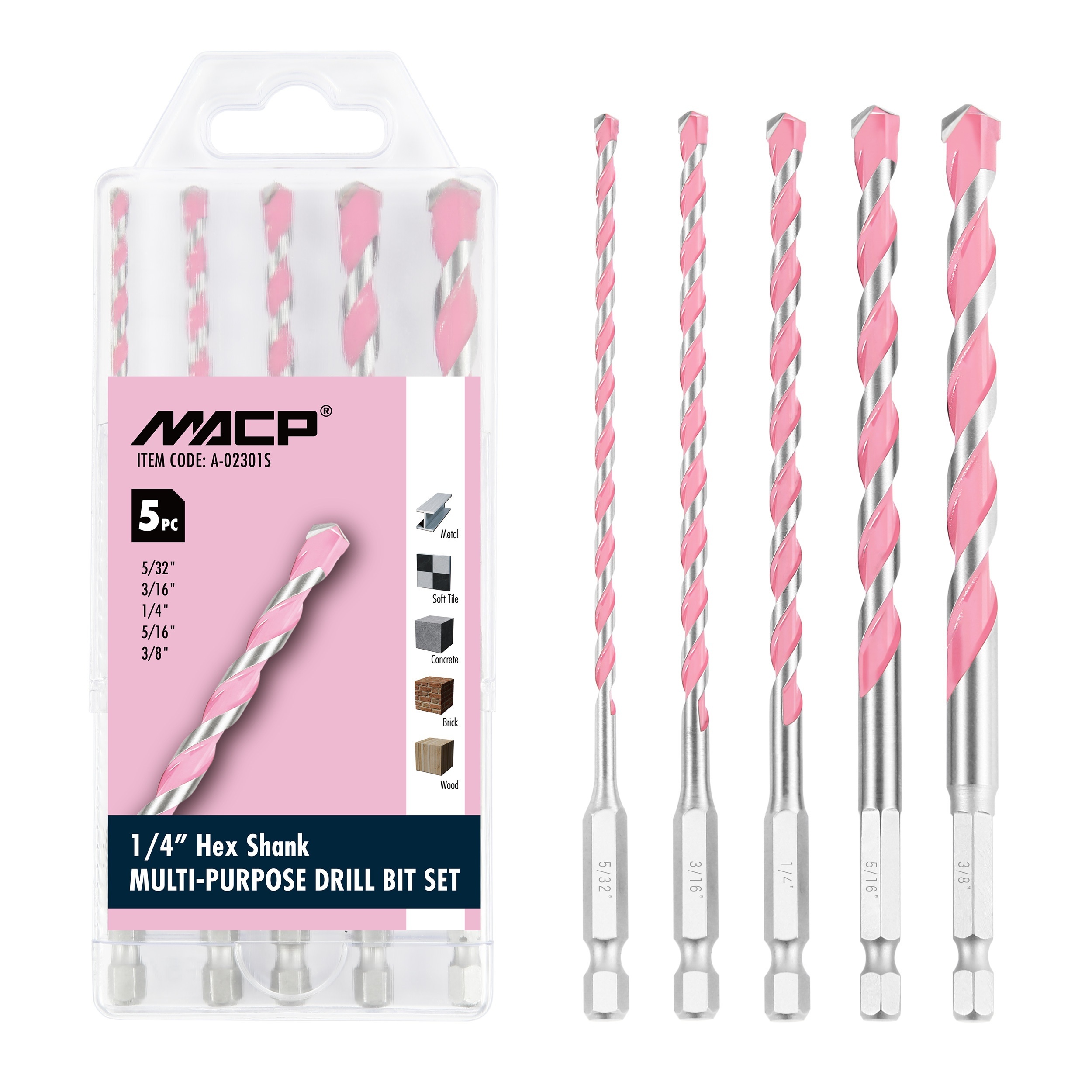 

Pink Multi-purpose Carbide Tip Drill Bit Set - 5 Pcs Hex Shank Drill Bits For Metal, Brick, Block, Wood, Plastic, Tile, 5/32" (4mm), 3/16" (5mm), 1/4" (6mm), 5/16" (8mm), 3/8" (10mm)