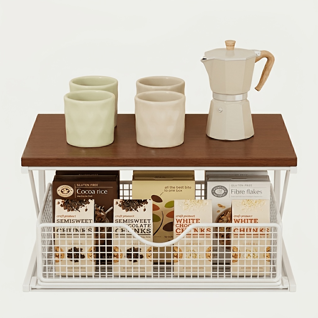 TEMU Étagère pour machine à café, support de réfrigérateur micro-ondes avec tiroir - Structure améliorée en pin et métal, support de rangement de
