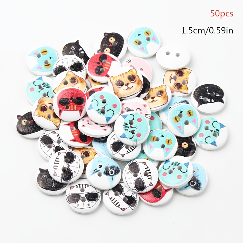 TEMU 50pcs White Background Cat Head Wood Buttons 15mm, Jewelry Making - Earrings, Shoe And Boot Charms, Watch Accessory Materials, Beads For Jewelry