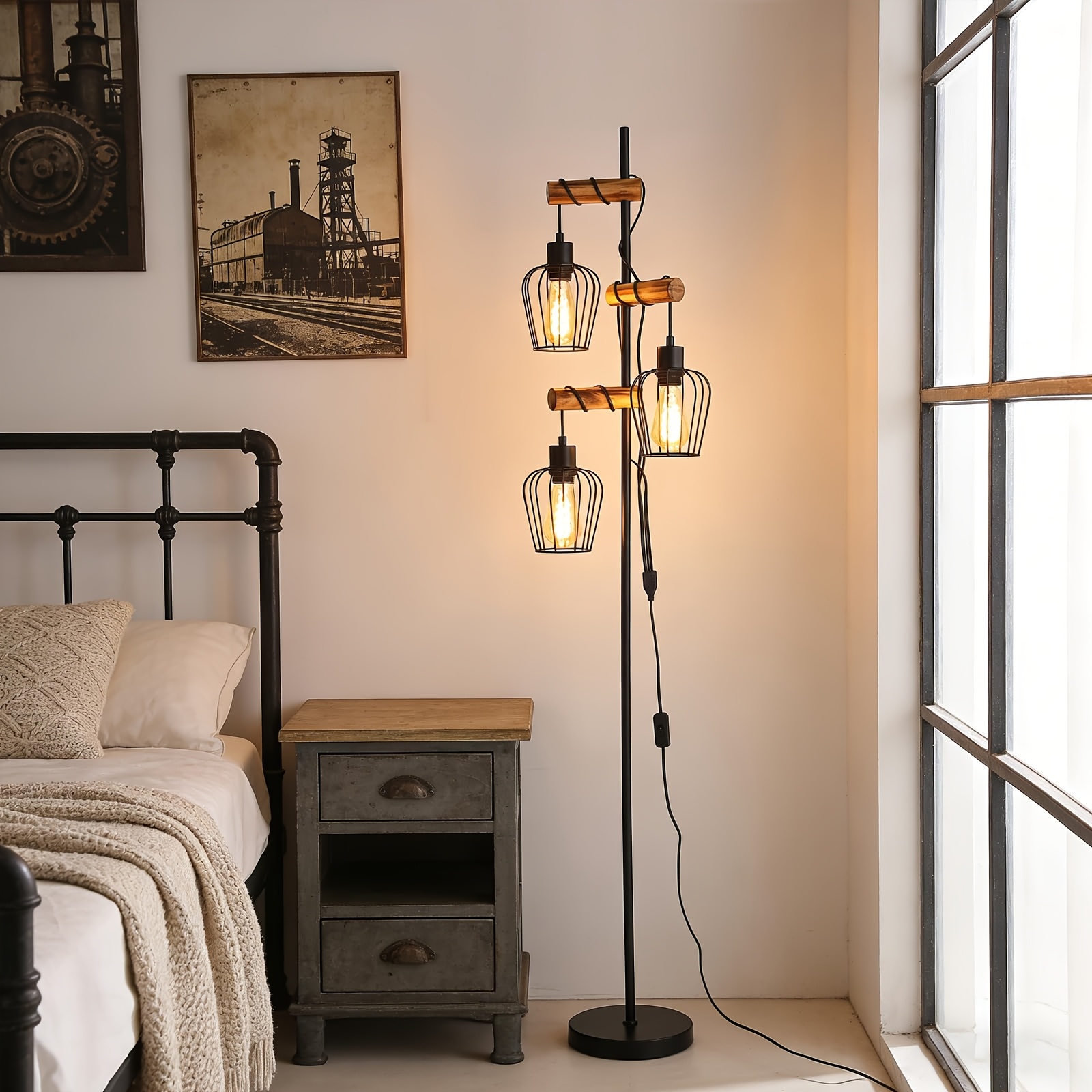 Office Lamp Living Room Wooden: Industrial Style Floor Lamp 3-flame Living Room Standing Lamp E27 Socket Lamp Reading Lamp Country Style Floor Lamp - Bulb Not Included