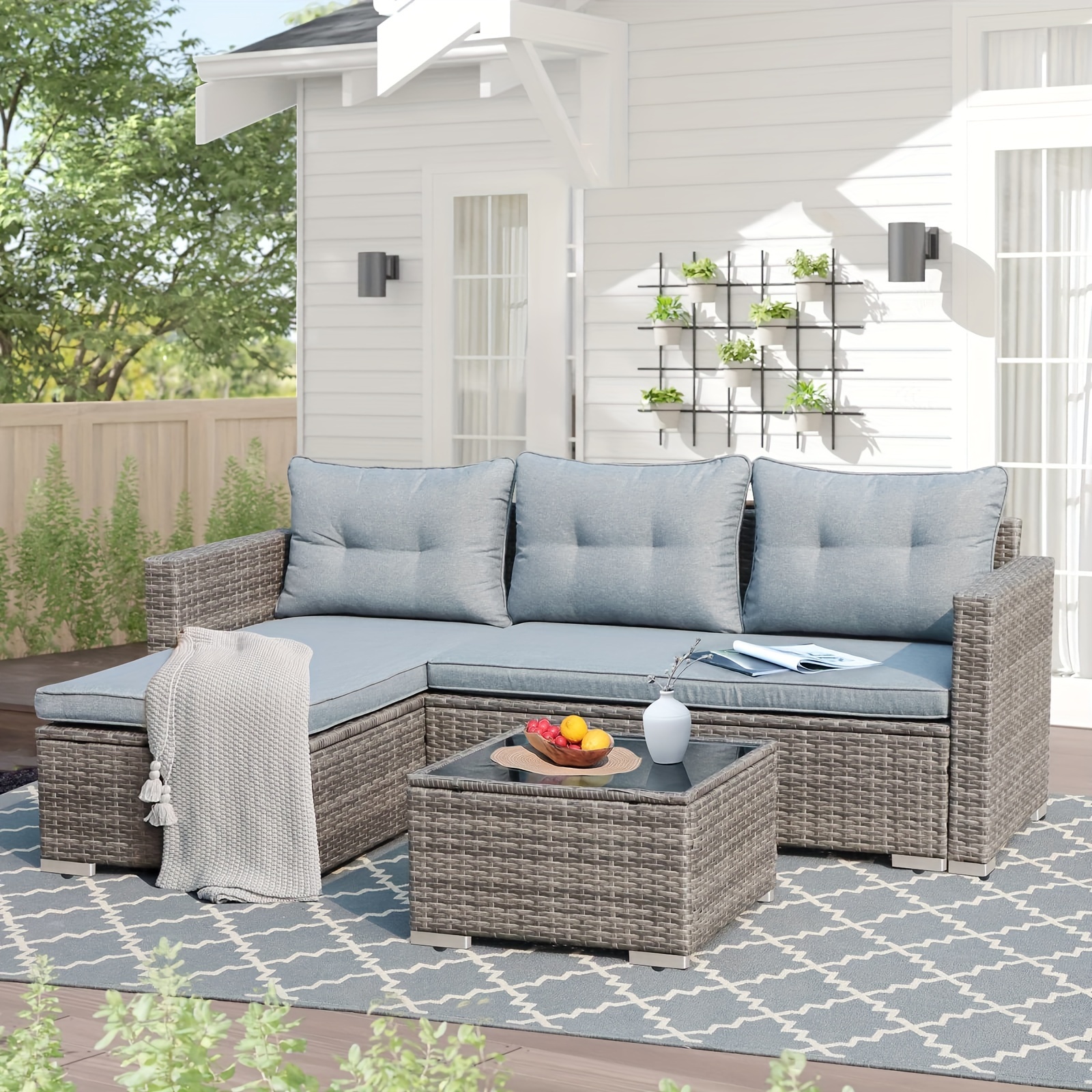 

Outdoor Wicker Patio Furniture Set, All-weather Rattan Small Sectional Sofa Set And Chaise Lounge With Glass Coffee Table, L-shaped Patio Conversation Set For Deck Balcony Porch