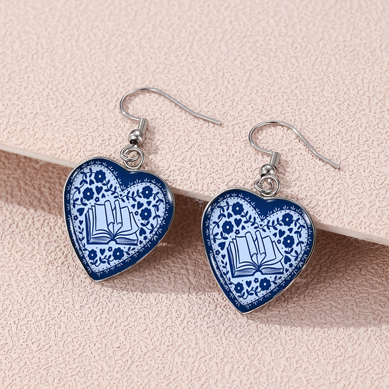 TEMU A Pair Of Blue Floral And Book Heart-shaped Earrings, Perfect As A Casual Attire Gift For And Teachers