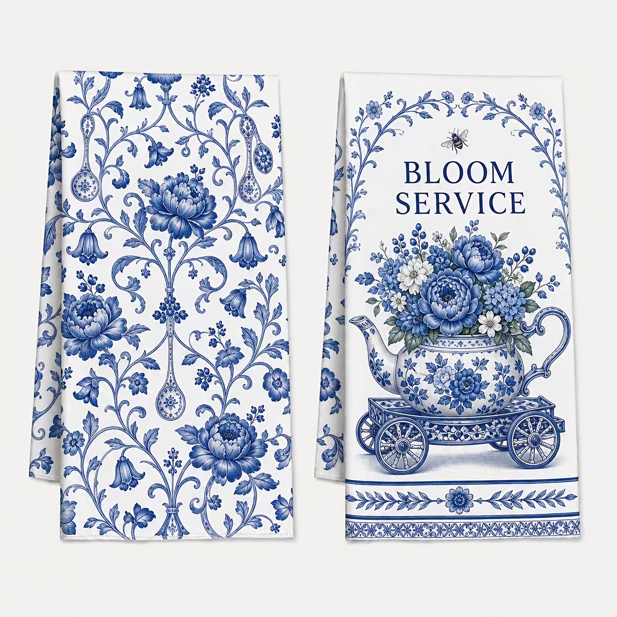 TEMU 2pcs And White Porcelain Floral Tea Set Retro Kitchen Cleaning Cloth, Fade-resistant And Washable With , Durable And Decor Unique Print Design,