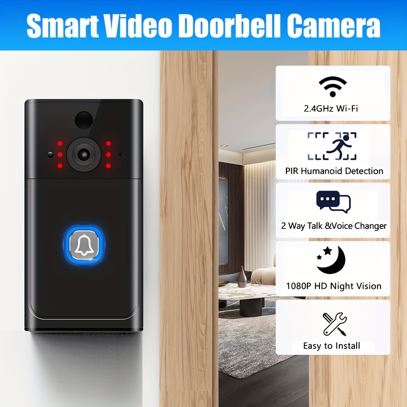 Timbre de puerta inalámbrico, audio bidireccional, video HD, cámara de timbre inalámbrico, cámara Wi-Fi con visión nocturna, alerta en tiempo real, alimentado por batería, timbre inteligente con campana, timbre de seguridad inteligente para el hogar, almacenamiento local y en la nube, fácil instalación.