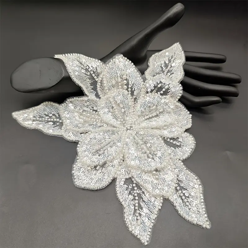Applique Fleur Paillettes Perlées Dentelle Robe Mariée - Broderie Relief Perles Blanc Pour Couture Artisanat