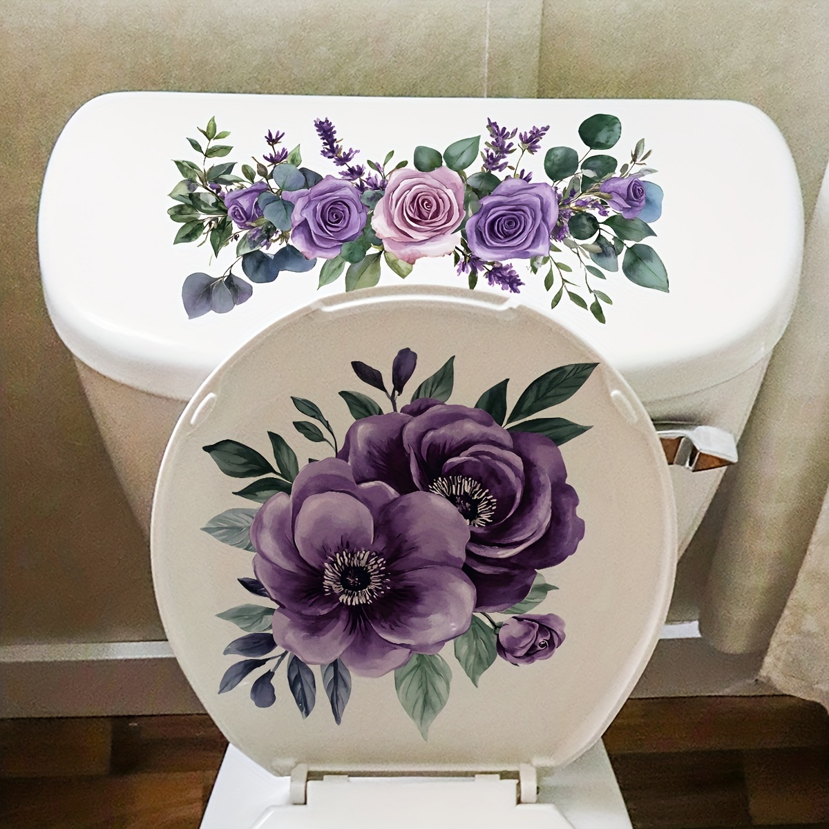 Image of 1pc Painted Purple Flower Toilet Sticker - , Removable Suitable For Home Decor, Living Room, Bedroom, Dormitory, Entryway, Porch, Bathroom, Door, Window Decoration