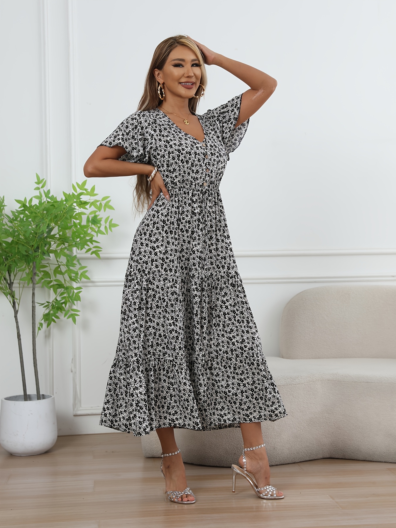women's flutter sleeve dress Taupe Flutter Sleeve Tiered Maxi Dress S