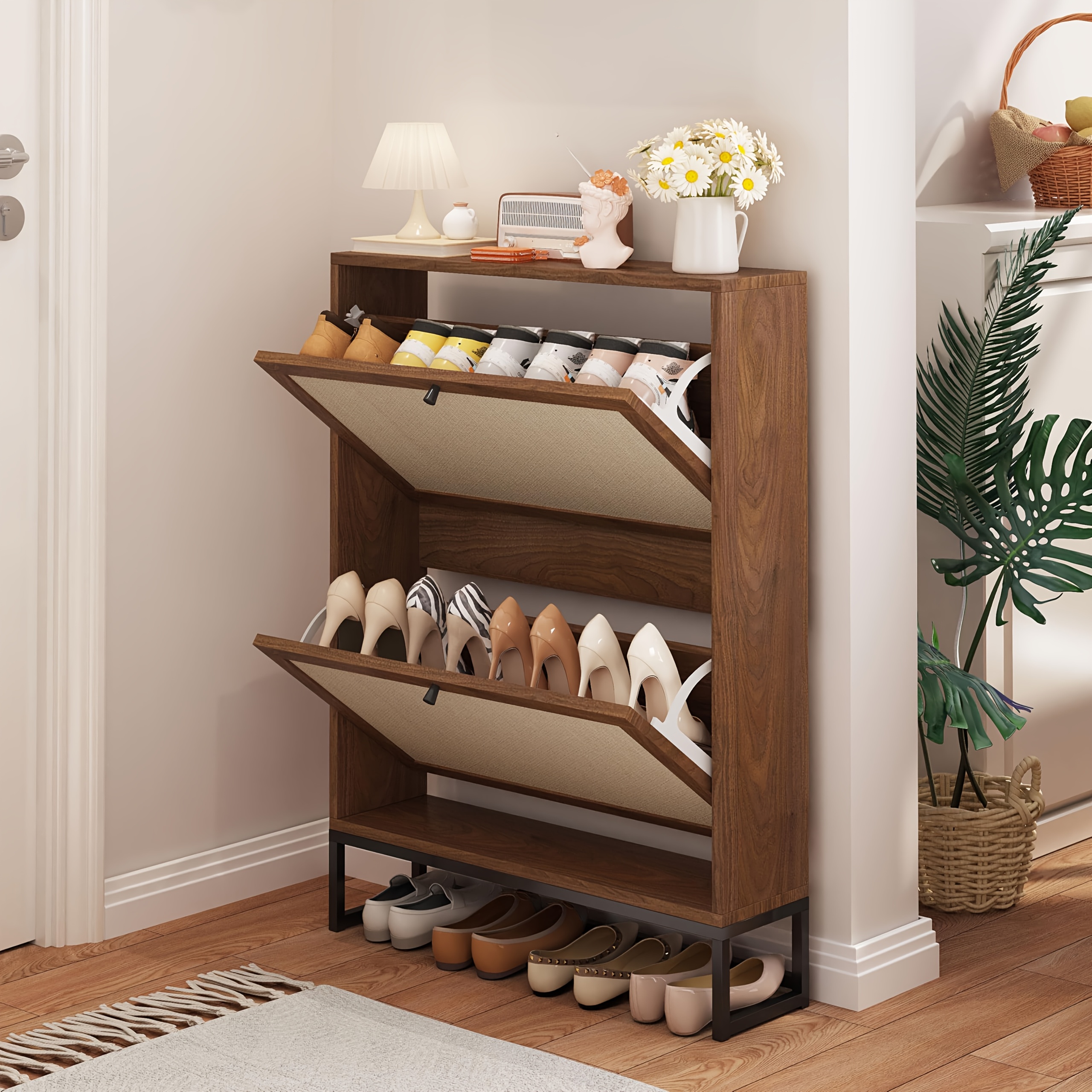 Freestanding Shoe Cabinet With 2 Flap Drawers, Narrow Shoe Cabinet With Modern Narrow Storage Compartments For And Entrance Areas (single Layer)