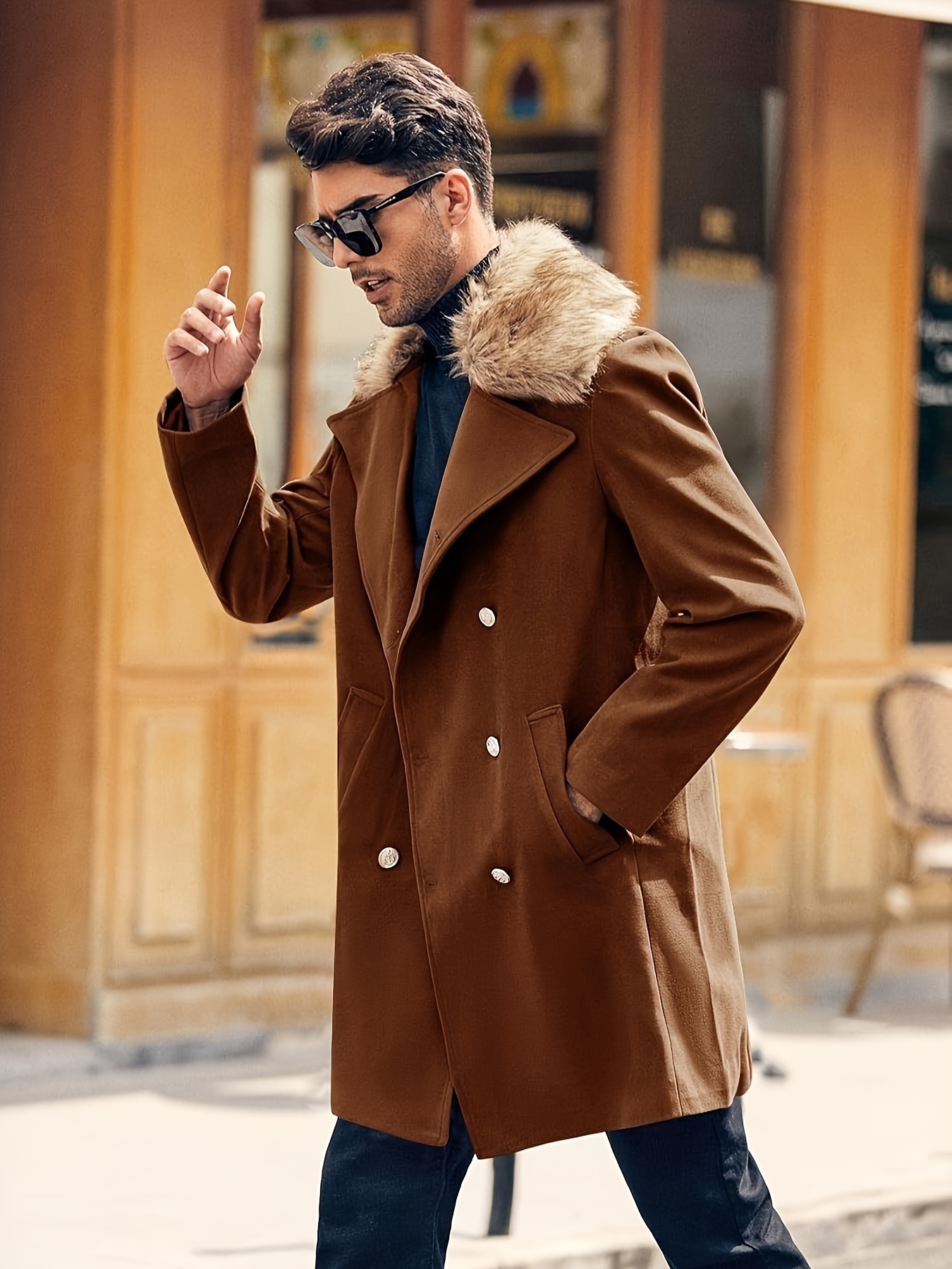 Mens pea coat with faux fur collar best sale