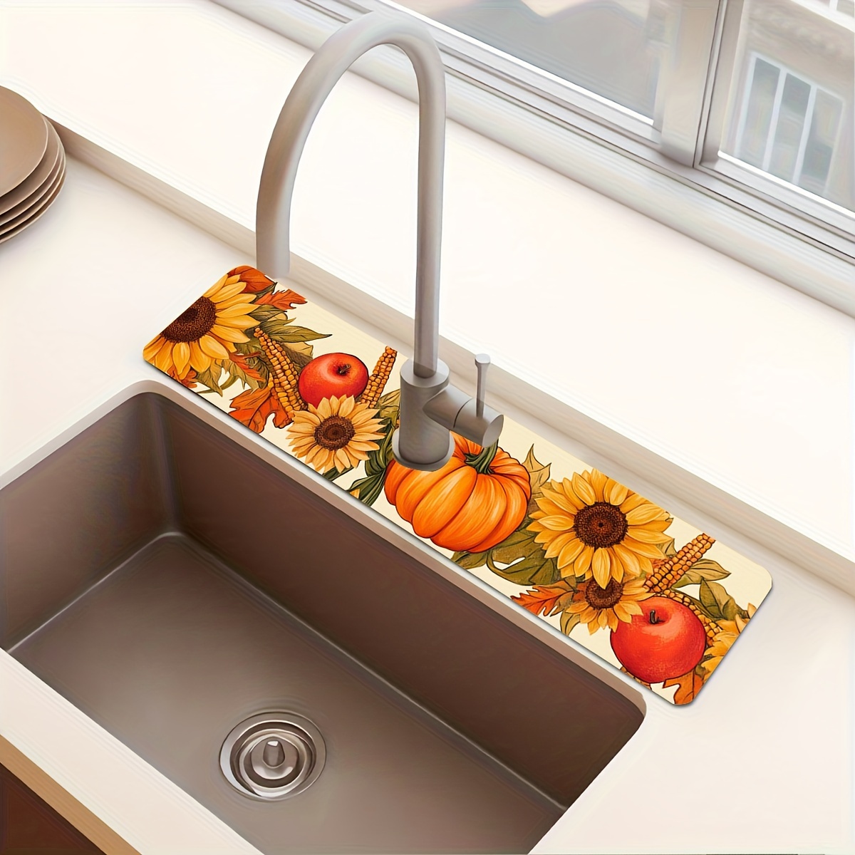 TEMU 1pc Autumn Pumpkin Sunflower And Pattern Faucet Mat, Water-resistant And Drainage Mat, Suitable For Kitchen And Bathroom, Faucet Draining Mat,