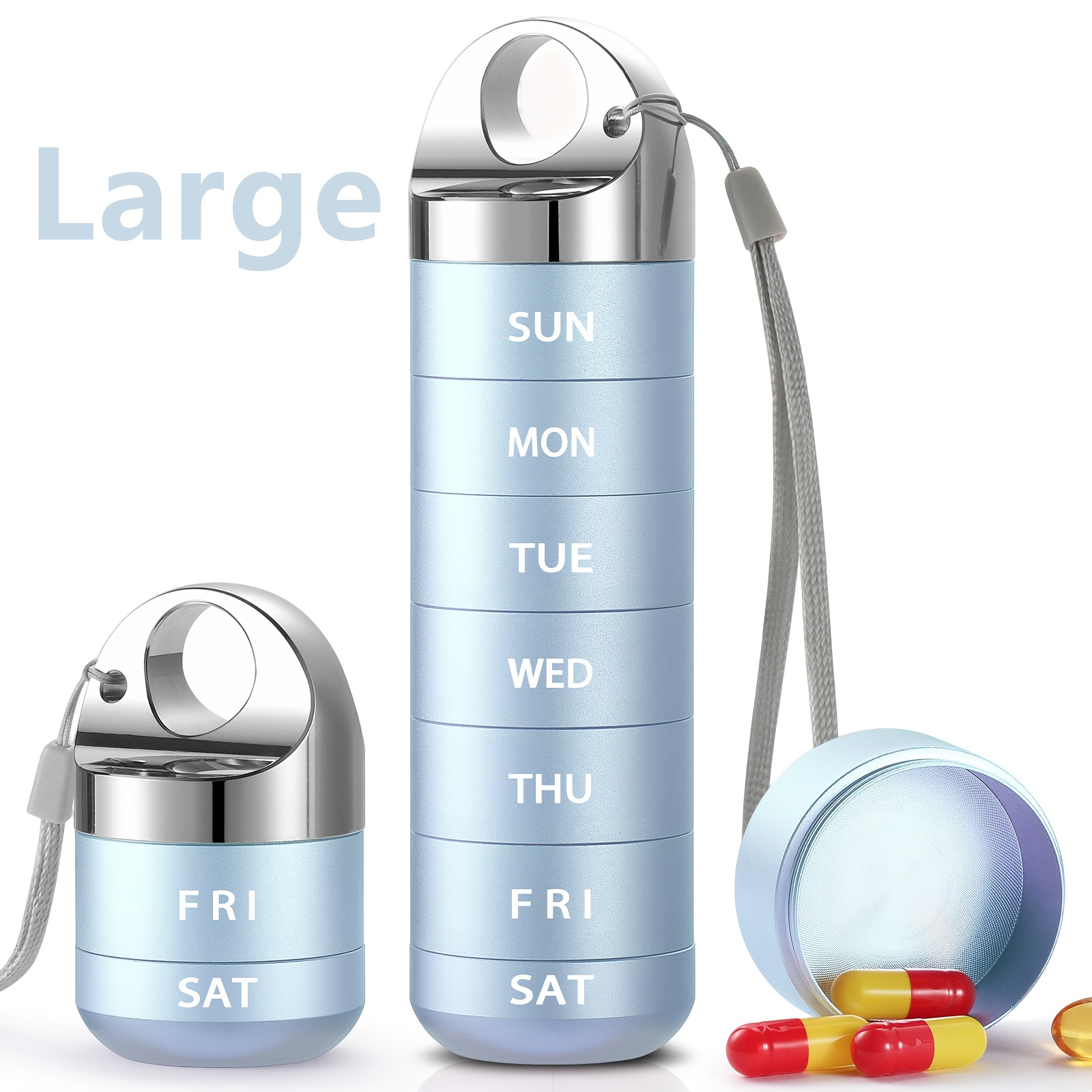 7 day large capacity pill organizer waterproof aluminum alloy bpa free portable weekly medication storage container for vitamins fish oil supplements easy carry design with keychain