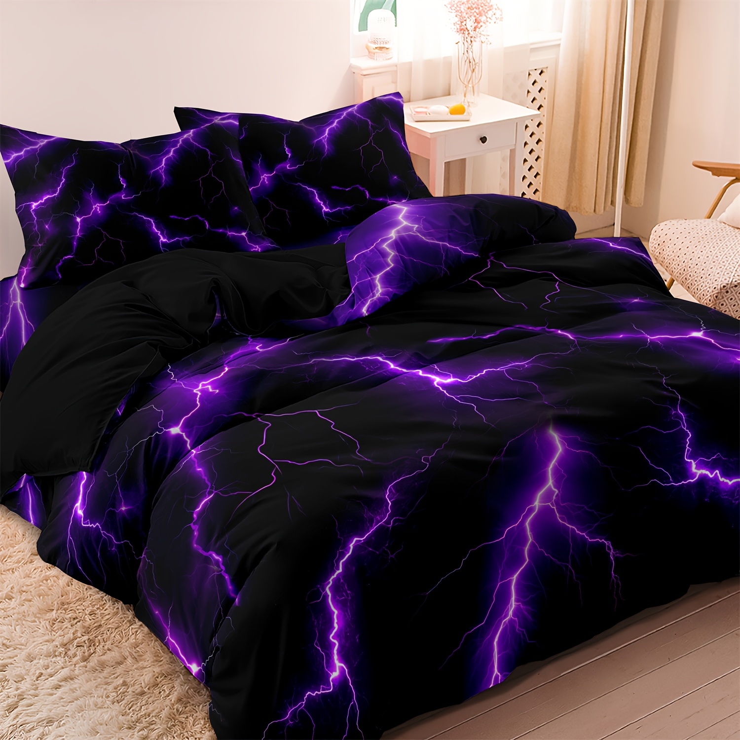 TEMU 3pcs Purple/green/red/blue/yellow Lightning Theme Quilt Duvet Cover Bedding, Hd Printing, Soft Comfortable, For , Bedroom Decorations, For ,