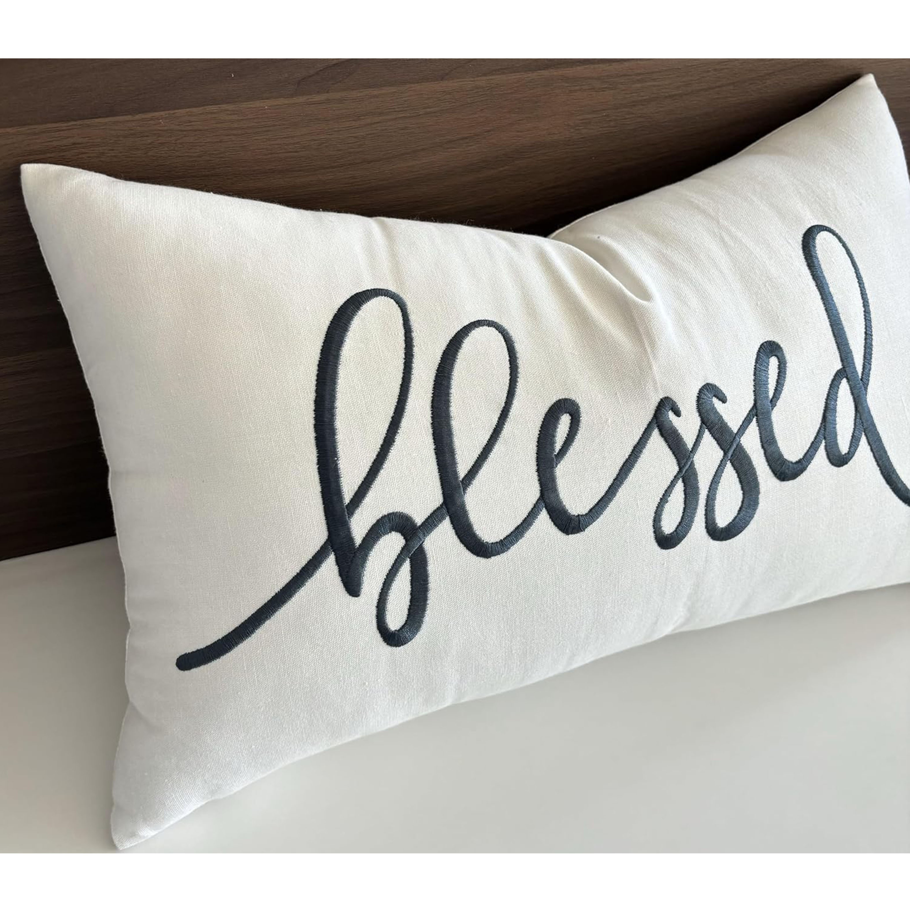 

1pc "blessed" Embroidered Decorative Lumbar Throw Pillowcase - Contemporary Style, Machine Washable, Linen .0% - Zipper Closure, Reversible For Bedroom, Living Room, Couch - 12x20 Inches