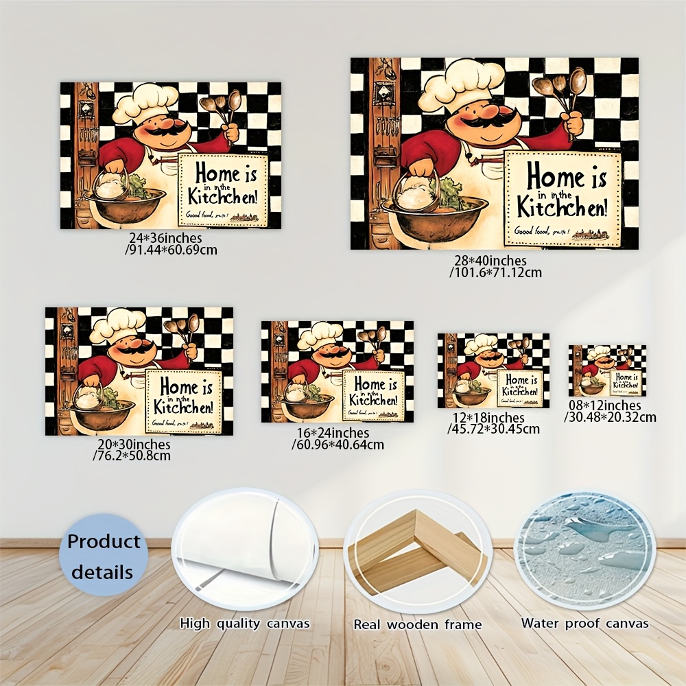 TEMU 1pc Wooden Kitchen Chef Picture Wall Decor Funny Vintage Poster Printing Canvas Painting Wall Art Bedroom Office - Stretched Ready To Hang -