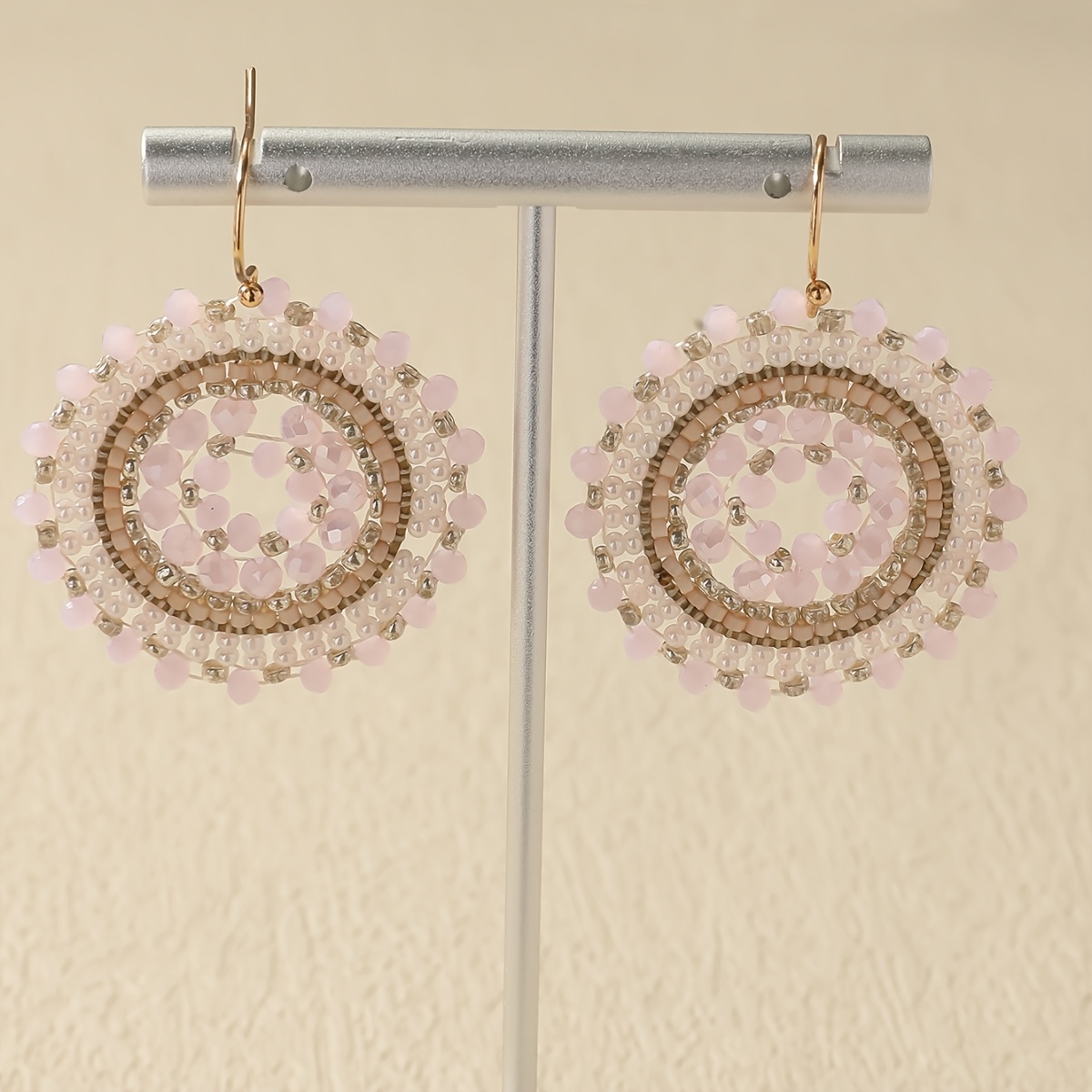 Women's Handmade Bohemian Rose-Colored Bead Round Earrings