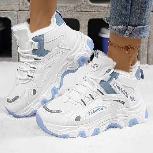 womens stylish and warm shoes high with plush lining white and blue color scheme thick comfortable and versatile casual sneakers