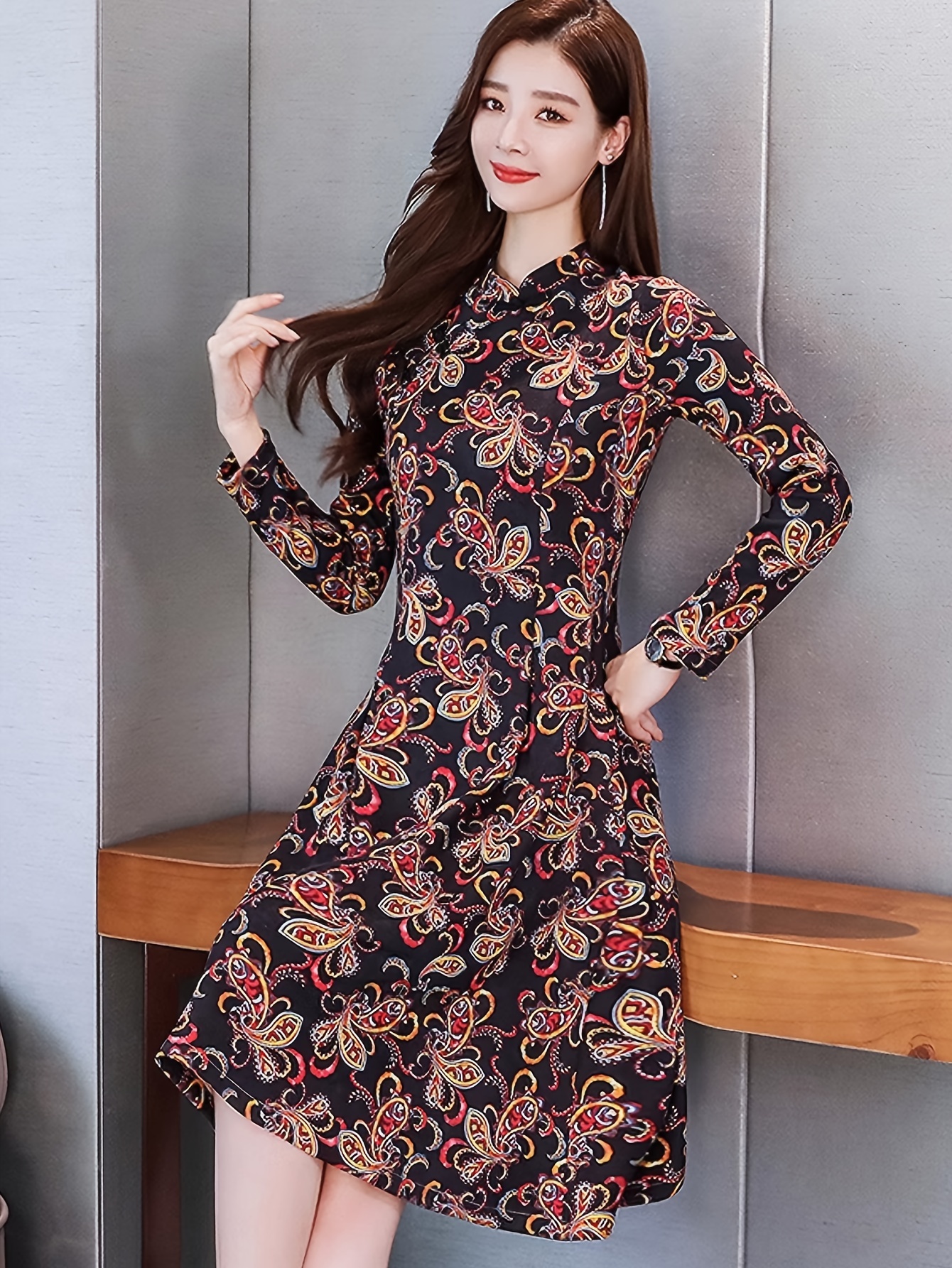 elegant asian style collar dress floral print - Temu Ireland