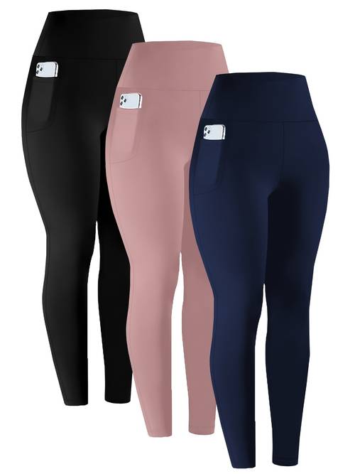 item picture 3 pack women high waisted tummy control leggings with pockets super soft full length workout pants opaque yoga running gym pants suitable for wear machine washable tummy control workout bottoms